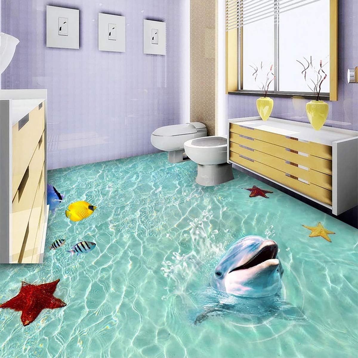 ECYC 3D Water Waves Beach Ocean Waterproof Creative Floor Tiles Painting Murals Sticker