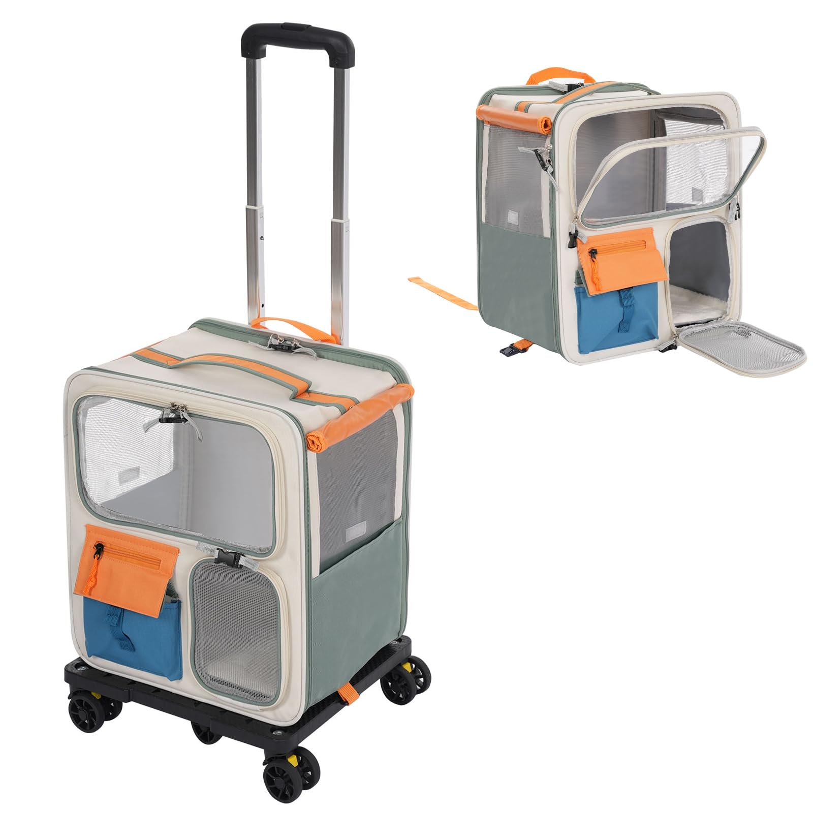 Cat Carrier with Wheels 360° Swivel with Pockets, Dog Trolley with Pockets, Portable Breathable Backpack for Small Dogs and Medium Cats