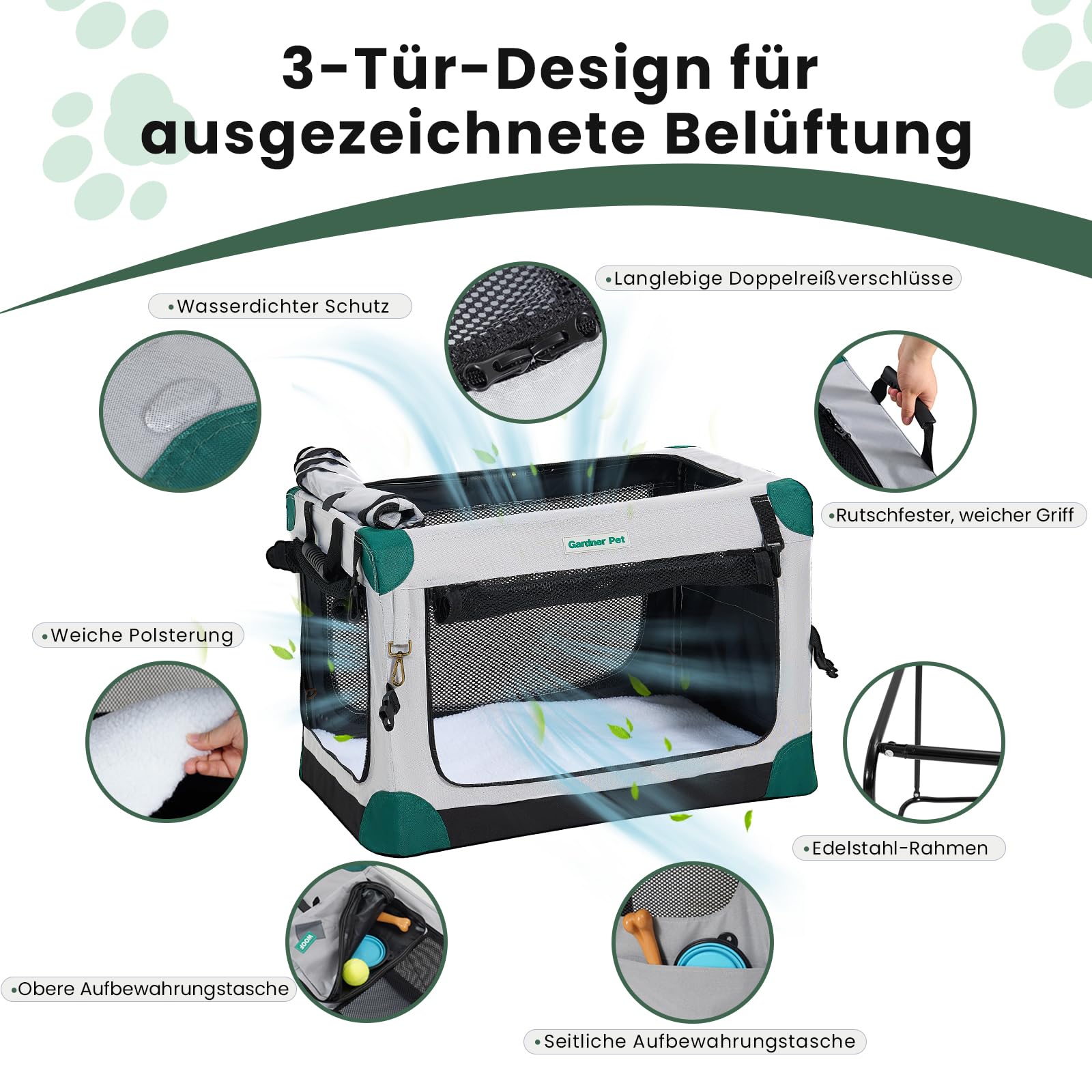 Gardner Pet Hundebox faltbar, Grau, 76x53x53cm, Katzen & Hunde bis 23 kg | Hundetransportbox mit Tragegriffen, Mit Decke, Für Katzen & Hunde bis 23 kg, Mit Aufbewahrungstasche