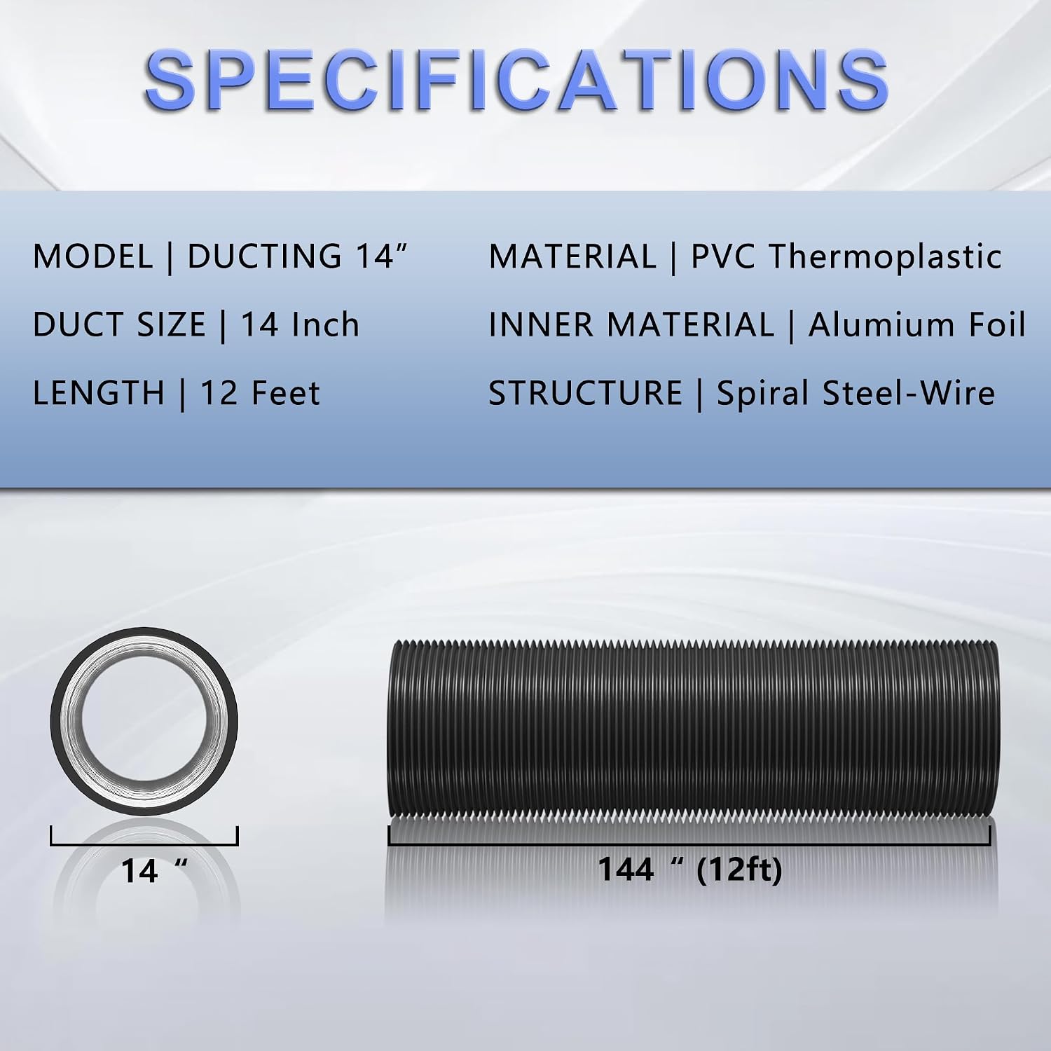 14 Inch Flexible Ducting Hose 12 Feet Black Aluminum Ducting -4 Layer Protection Dryer Vent Hose for HVAC Heating Cooling Ventilation and Exhaust, 2 Clamps Included