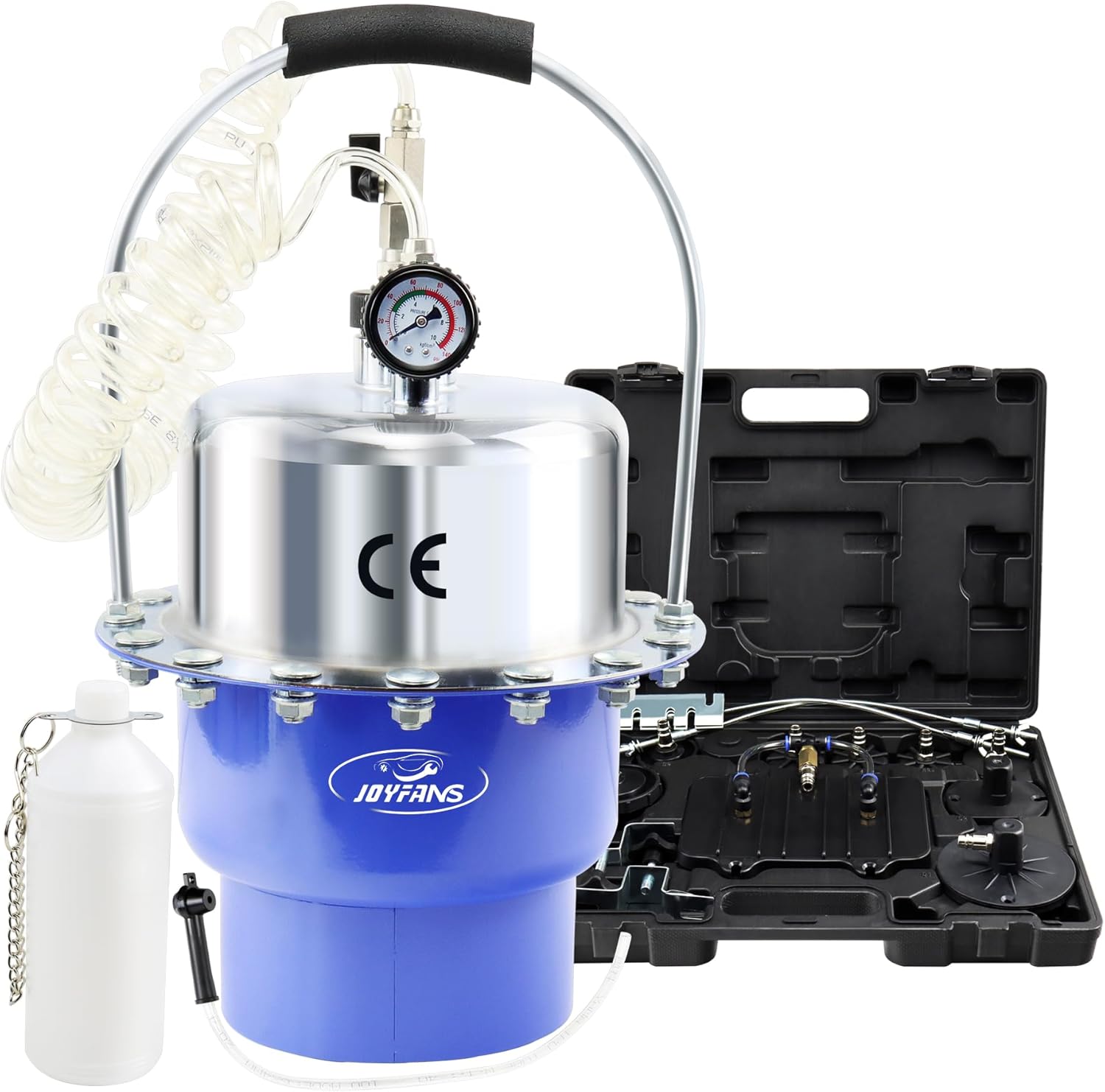 JoyFans Brake Bleeder Kit, Portable Air Pressure Pneumatic Brake Bleed System, Master Cylinder Brake & Clutch Fluid Bleeding Tool Set with Bleeder Machine, Collection Bottle and Adapters