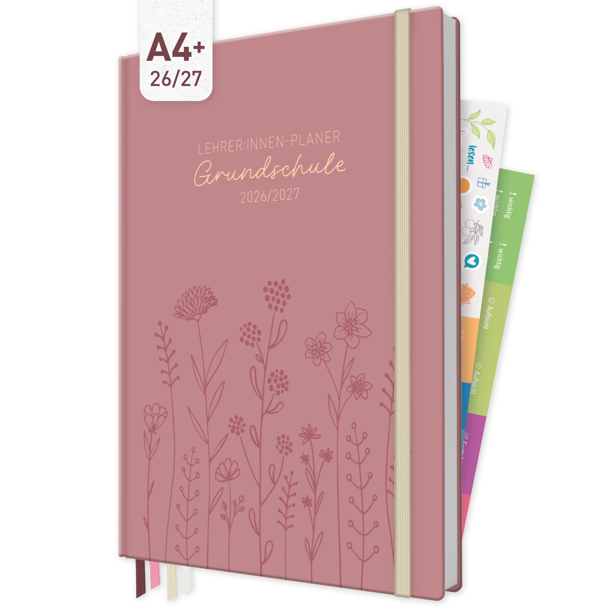 Häfft® Lehrerplaner Grundschule 2026/2027 im A4+ Format Hardcover - Schuljahr 12 Monate (Aug 26 - Jul 27) Lehrerkalender & Unterrichtsplaner für Klasse 1–4 "Fine Flowers rosé"