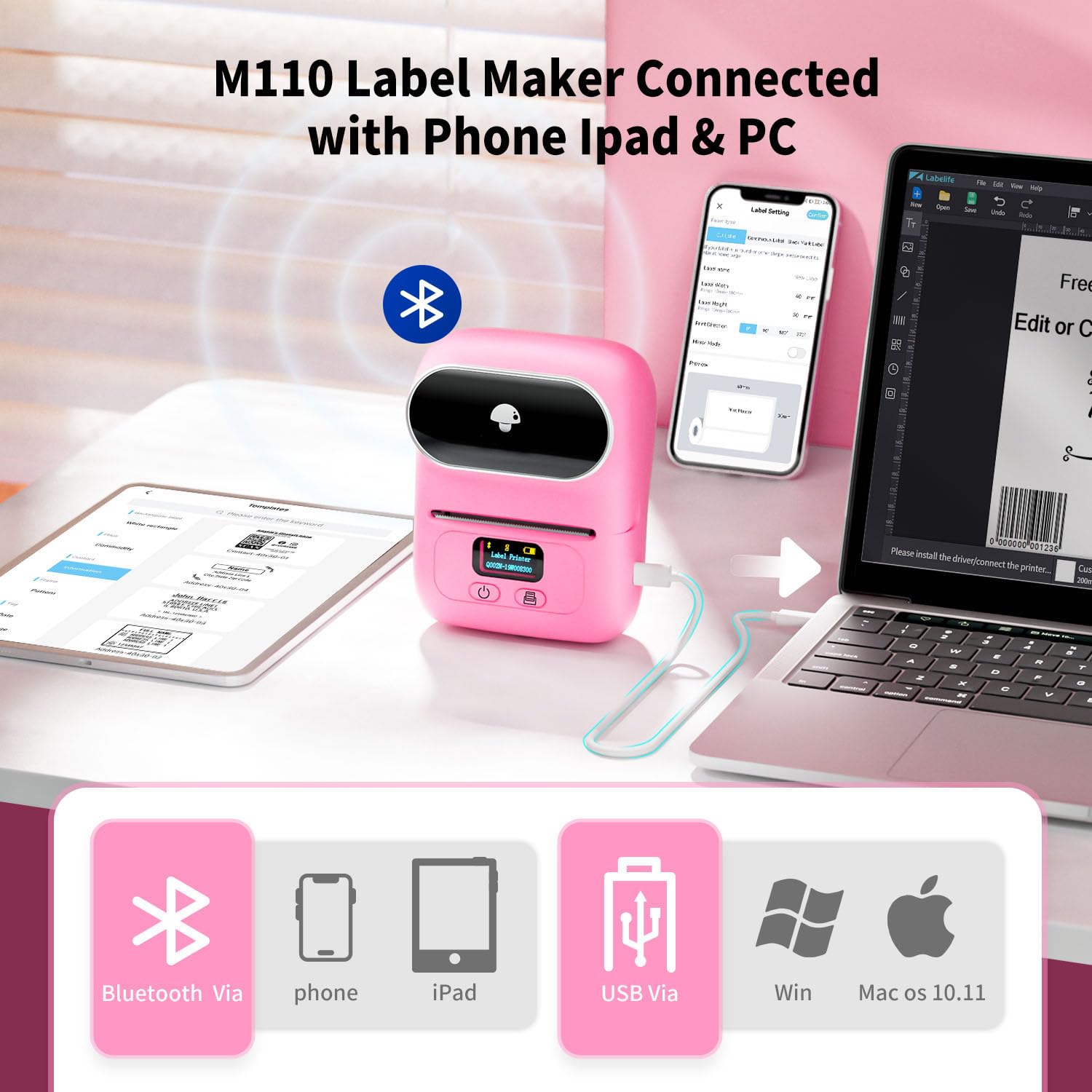 Phomemo M110 Impresora De Etiquetas, Bluetooth Impresora De Etiquetas TéRmica Impresora Etiquetas Autoadhesivas, Compatible Con Android e iOS, Adecuado Para CóDigo De Hogar, Oficina, Comercio, Rosa
