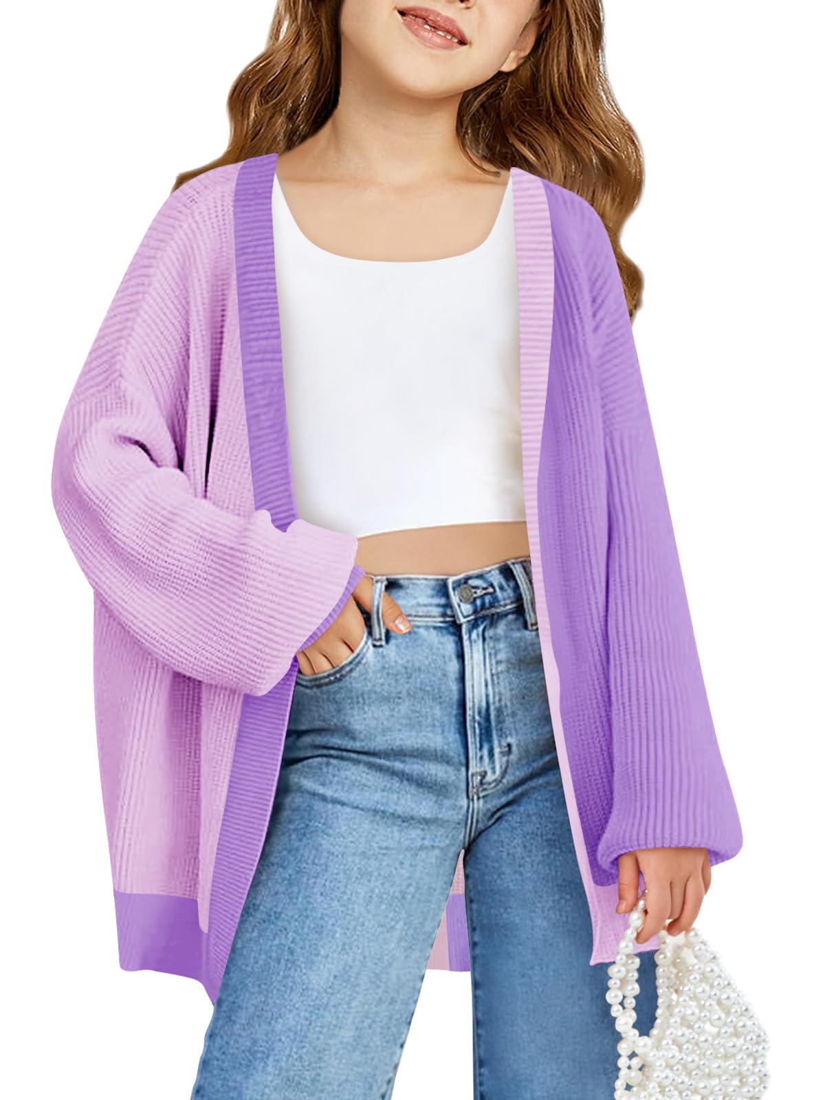 Haloumoning Cárdigan de manga murciélago de gran tamaño para niñas, a la moda, frente abierto, bloque de color, ropa exterior