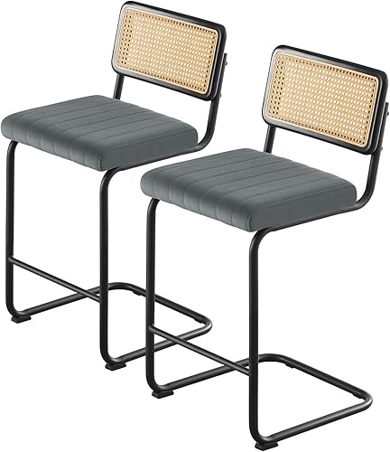 Miniatura 8 de Bekrvio Juego de 2 taburetes de bar de altura de mostrador, taburete de ratán de 26 pulgadas, taburete de bar tapizado de terciopelo con respaldo de