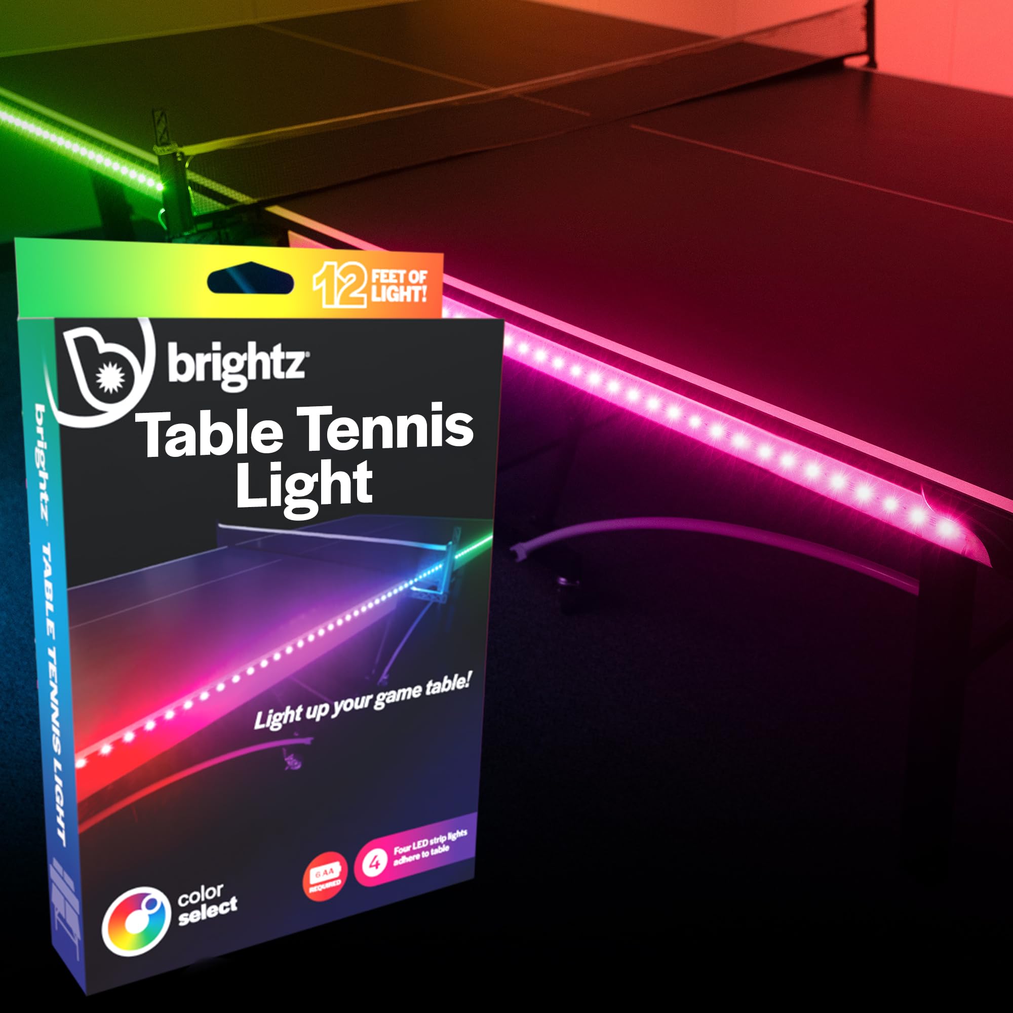 Brightz LED Ping Pong Table Light - Electrify Your Gameplay Experience! 12-Foot Light Strip for Ping Pong Tables - Color Changing or Solid Color Modes (Table Not Included)