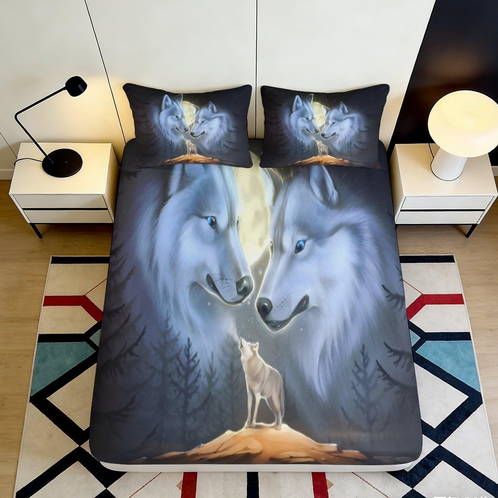 3D Printed Wolf Moon Fitted Sheet Microfiber Soft Bedding Forest Wolf Mattress Cover for Bedroom Dorm Decor 90x200x25cm