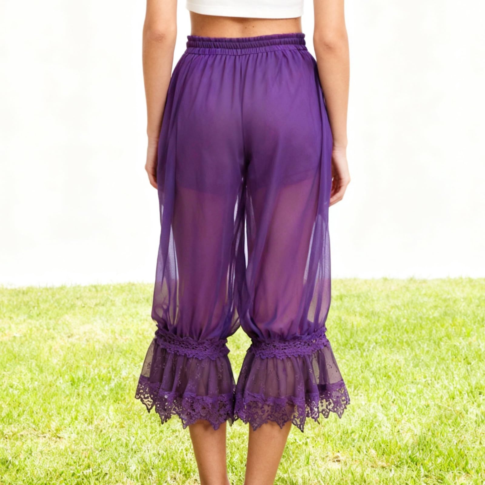 Pantalon De Plage Court en Mousseline Transparente pour Femme, Taille Basse, Ourlet Volanté, Style Capri, Idéal pour Les Vacances. Z1-Purple Small