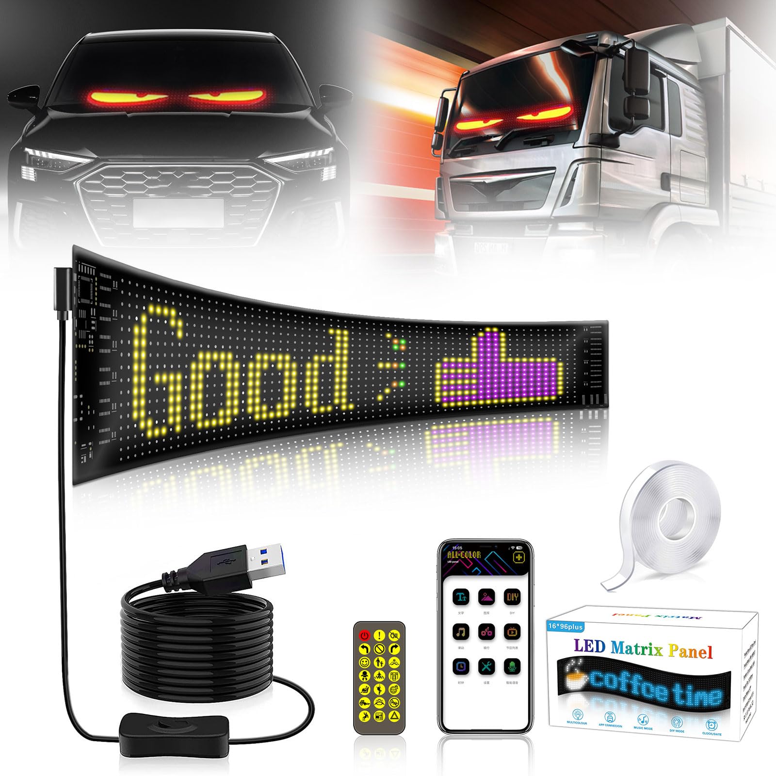 Programmable LED Sign 14.72" x 3.62" Bluetooth APP Controlled LED Advertising Display,Flexible Scrolling LED Sign with USB,Full Color,High Brightness,Waterproof,Multi-task Loop,For Festival Bar Store — image 1
