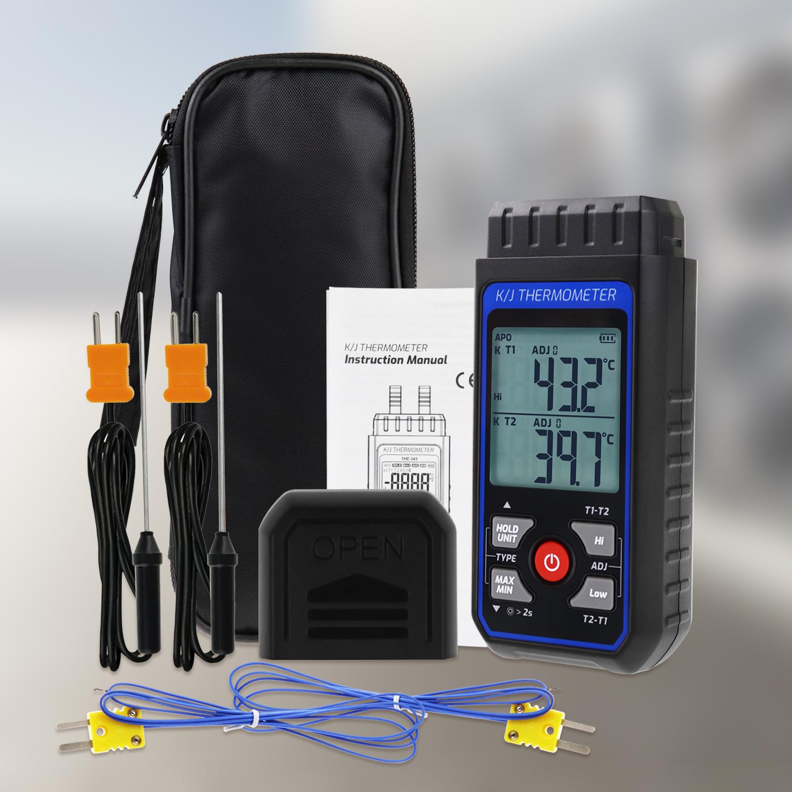 Termometro digitale a doppio canale tipo K/J con 4 termocoppie, campo -328~2501℉, strumento di misurazione temperatura HVAC con allarme