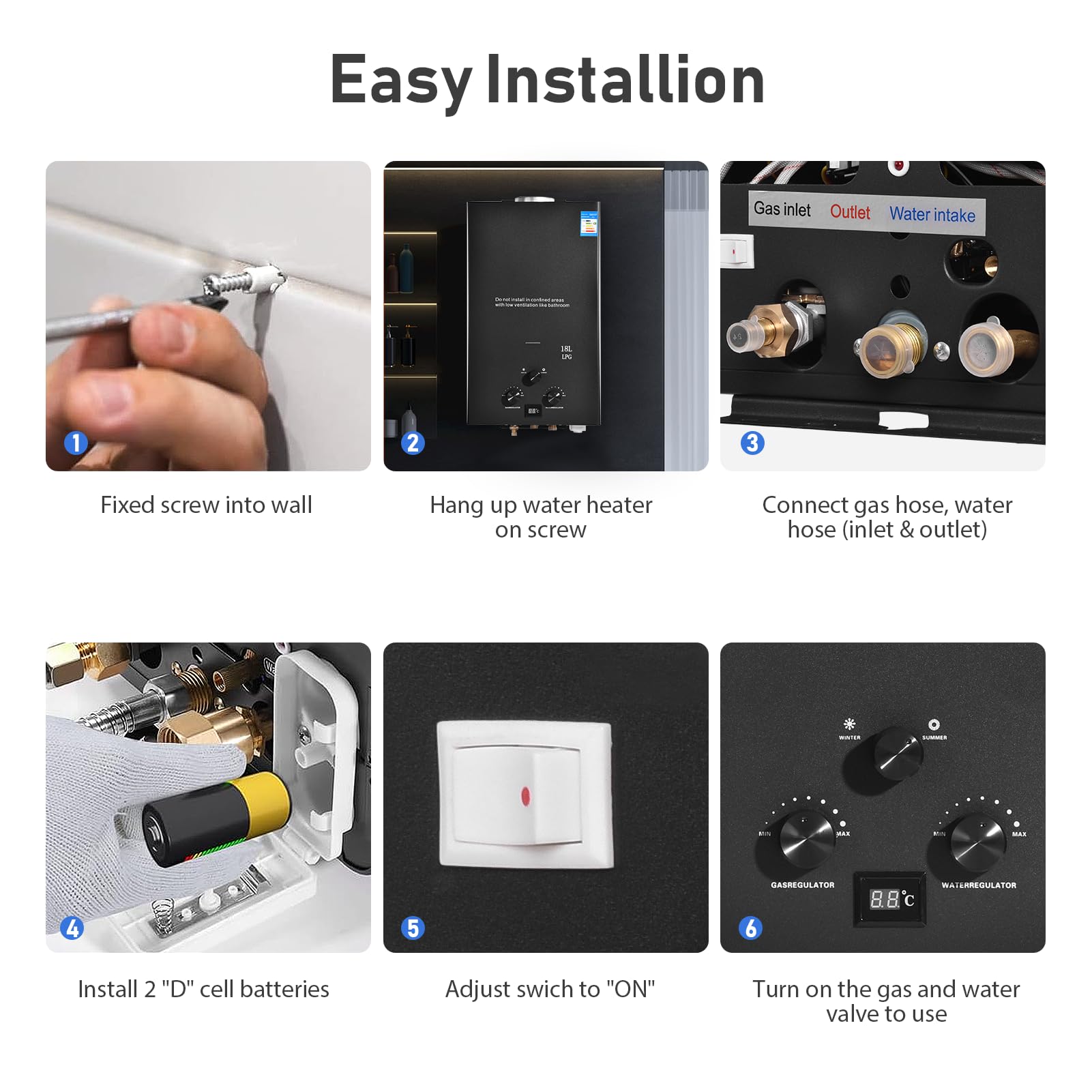 GPL 10L Scaldabagno a Gas Propano, Scaldabagno Istantaneo Senza Serbatoio da 20KW con Kit Doccia, Bruciatore per Caldaia per Campeggio, Camper, Casa (Nero)