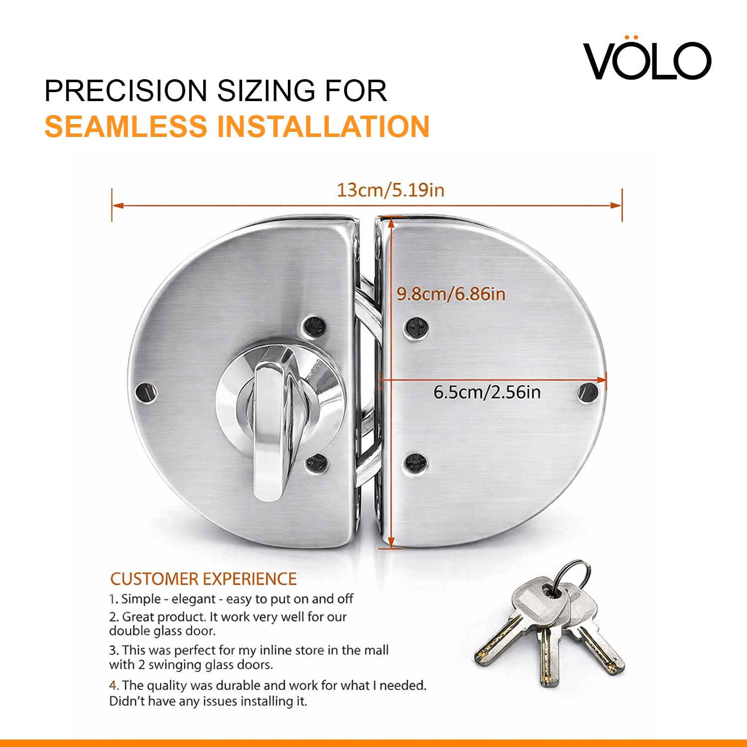 Volo Premium Stainless Steel Glass to Glass Door Lock with Computerised Brass Keys, One Side Key and One Side Knob (Silver) — Amazon image 2