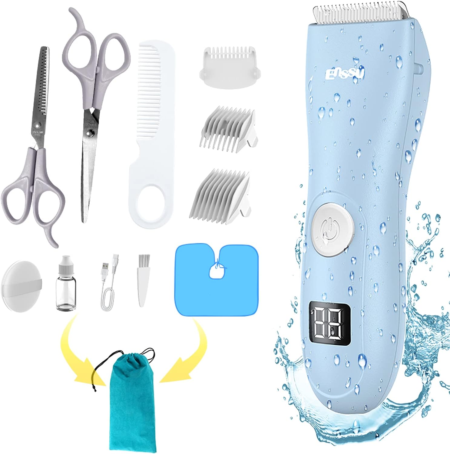 Baby Hair Clippers, Low Noise Hair Trimmer for Kids, Waterproof USB Rechargeable Cordless Haircut Kit with LCD Display, Blue
