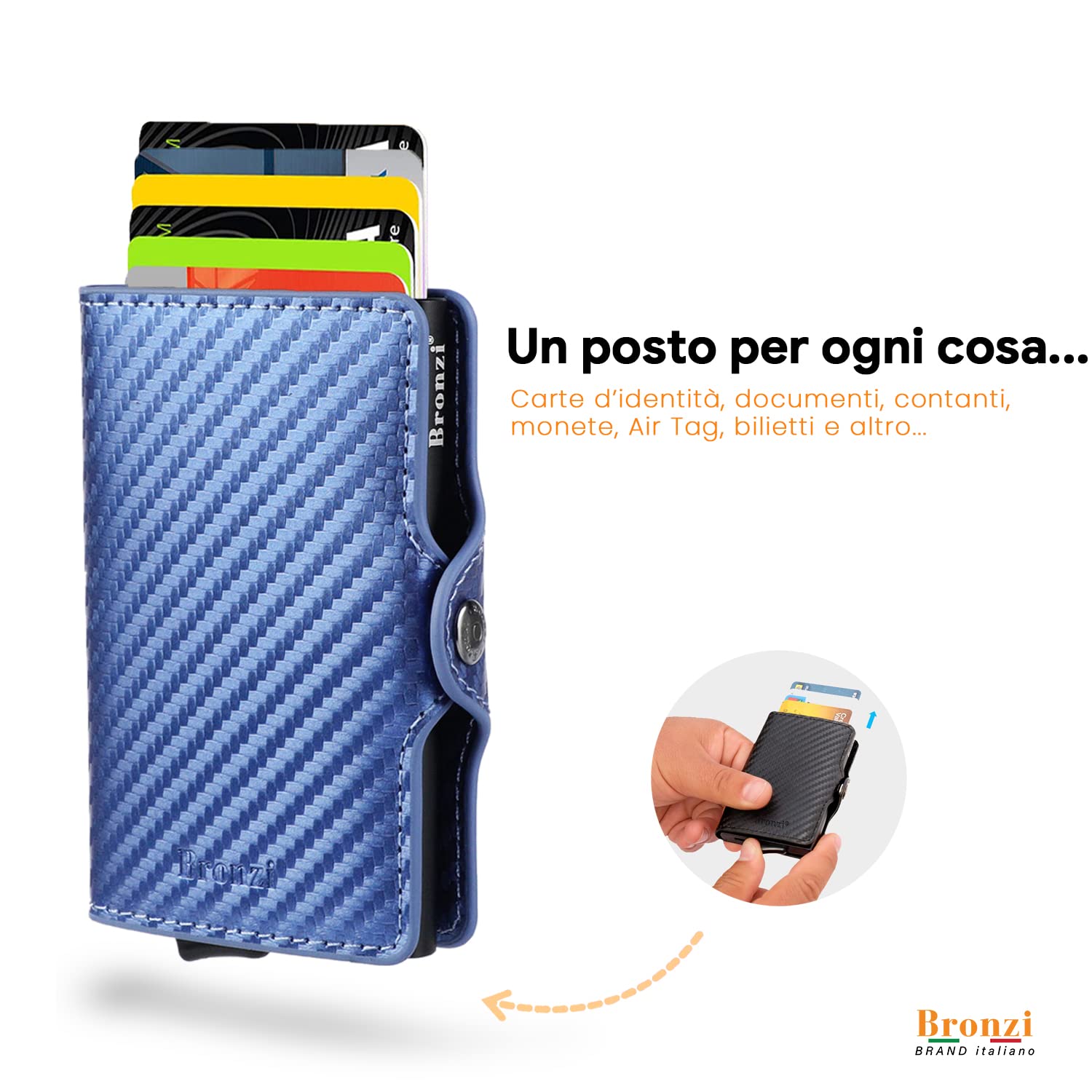 Bronzi Nuovo Portafoglio Porta Carte Credito - Portafoglio Uomo Donna Slim Portacarte - Mini Porta Tessere - Protezione RFID Portatessere Carbon - Design Smart Italiano (Blu)