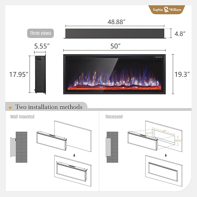 Chimenea Eléctrica Sophia & William 127 cm Montaje en Pared miniatura 8