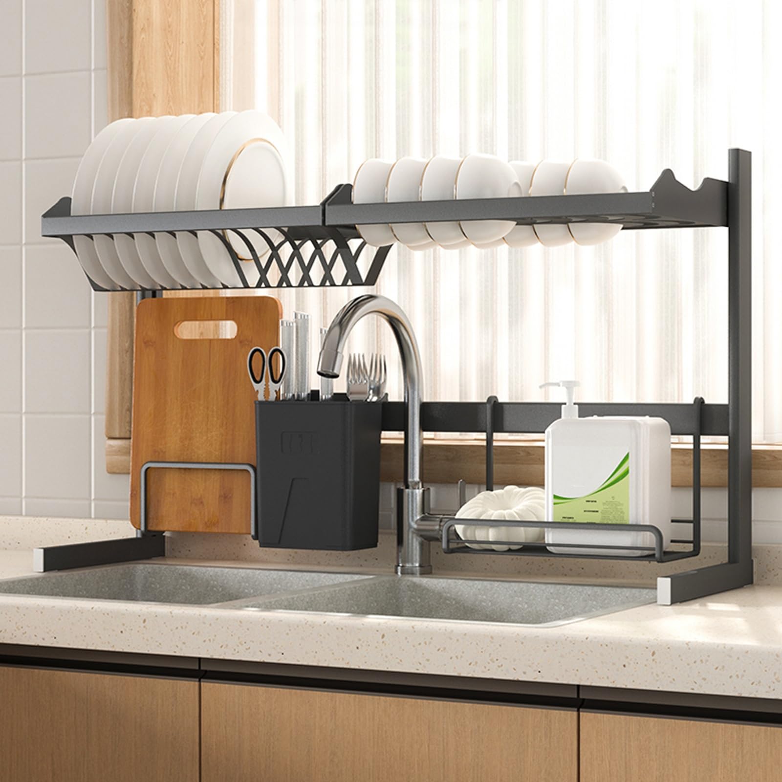 Escurreplatos sobre el fregadero, escurridor de platos de gran capacidad con soporte para utensilios, organizador de encimera de cocina para platos, cuencos y cubiertos