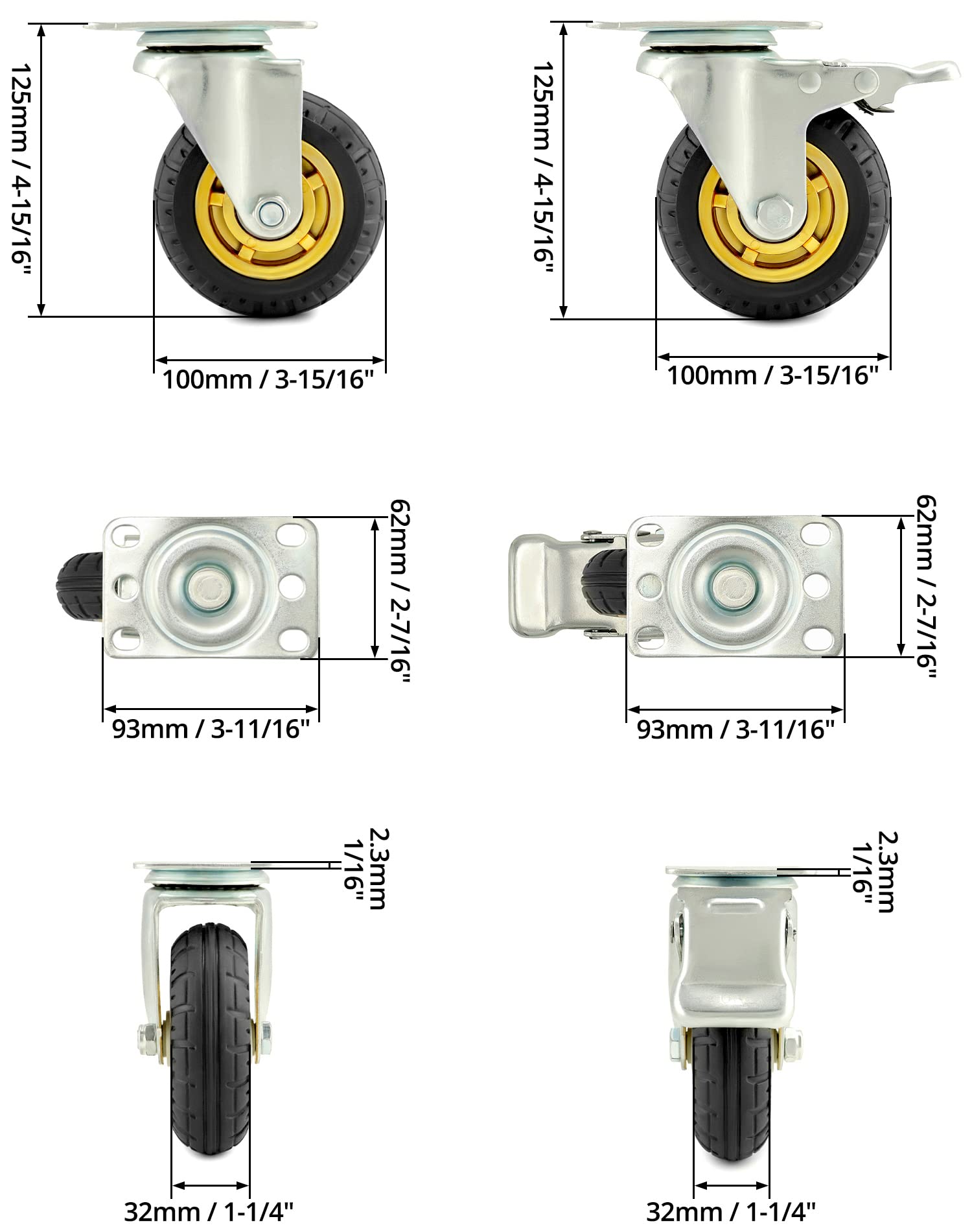 QWORK® 4X ruedas giratorias 100mm, hasta 70 kg por rueda, para transporte de muebles y transporte industrial (2 ruedas giratorias, 2 ruedas de freno)