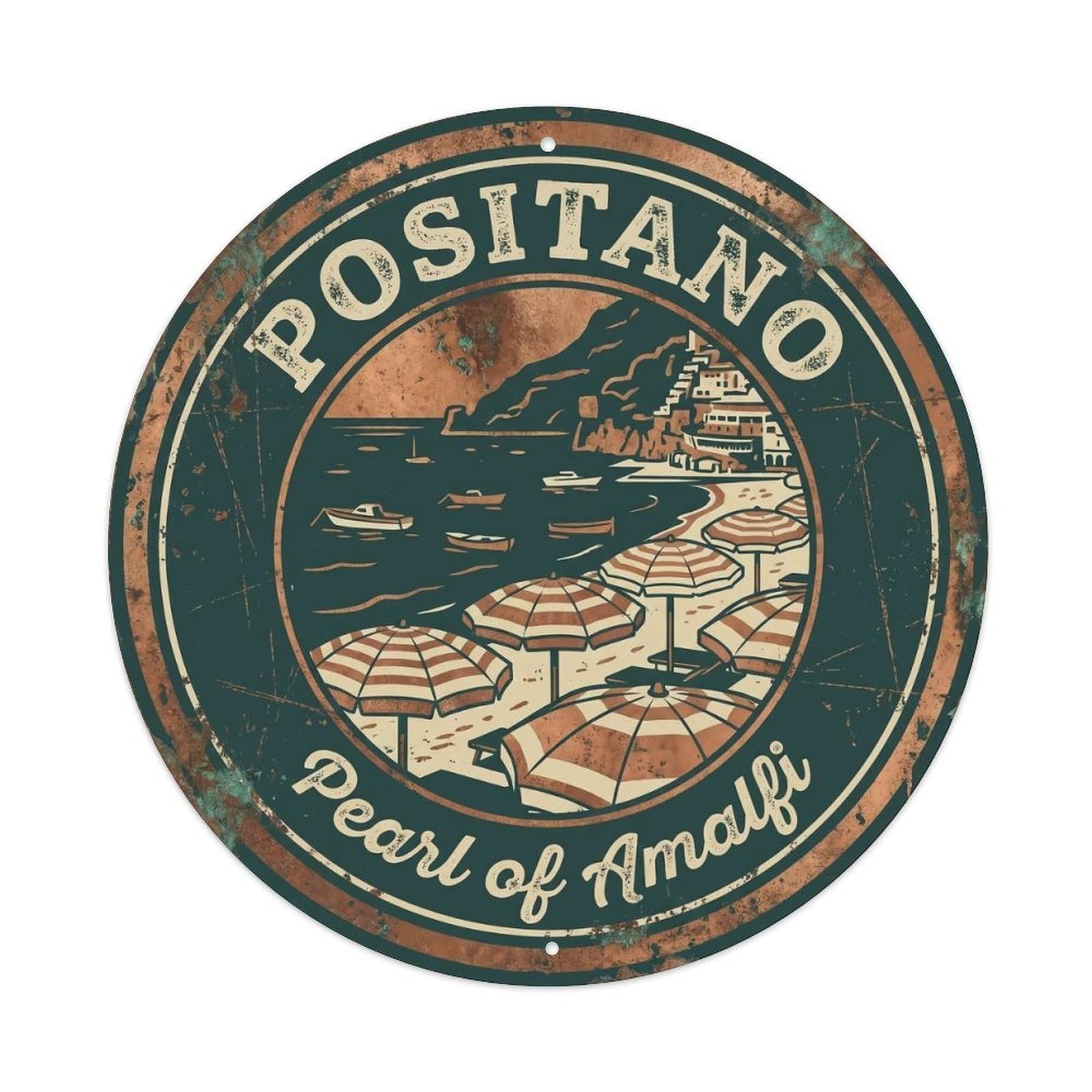 Amalfi Coast Positano Classic Italian Crest Campania Metal Tin Sign Plaque Wall Decor for Cafe, Man Cave, Club Bar, Office, Home Garden Round Metal Poster 8x8Inch