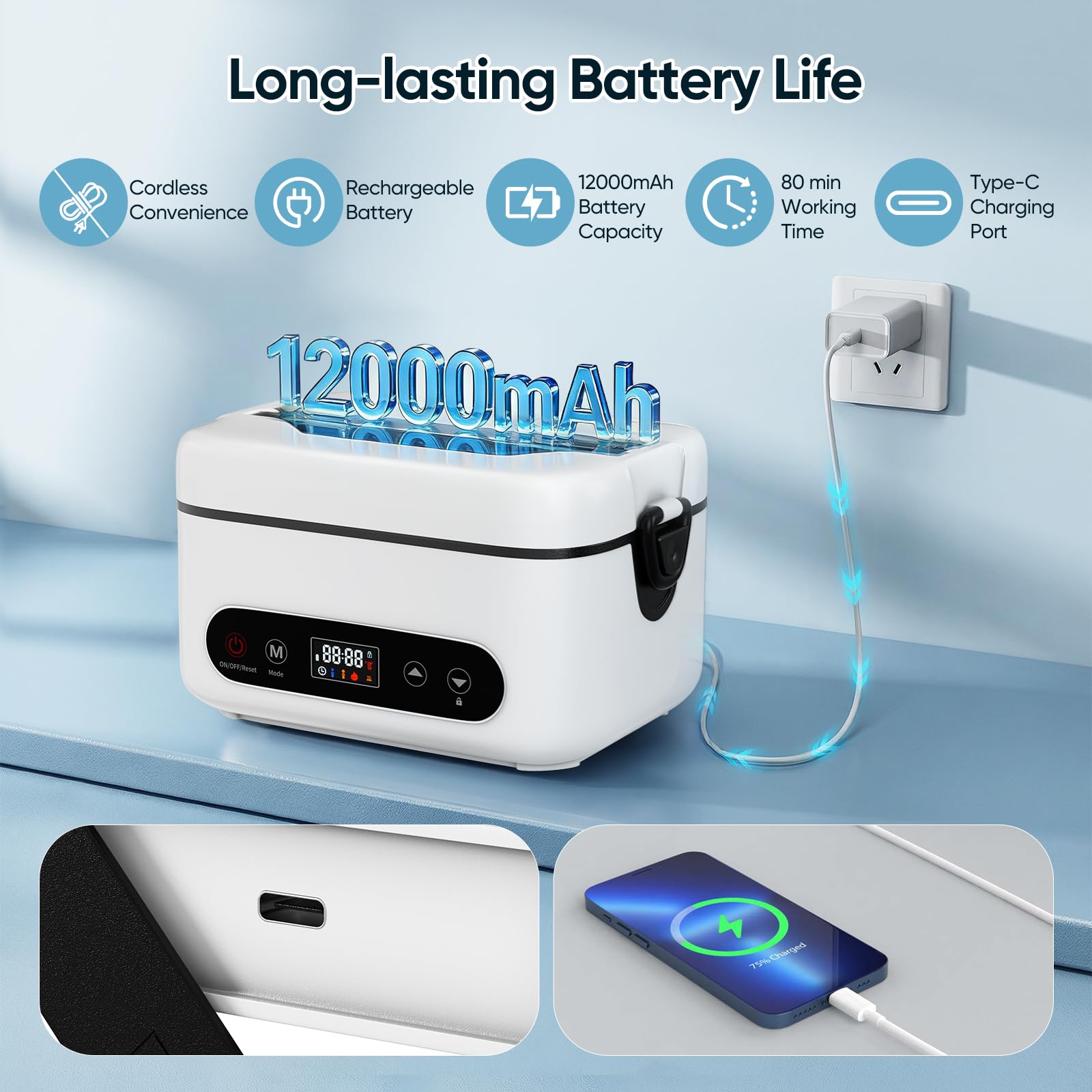 Fiambrera Eléctrica,Fiambrera Recargable Taper Electrico Para Comida, Calentador de Alimentos portátil de 1L con Calentamiento Automático para Oficina, Picnic, cubiertos y bolsa isotérmica