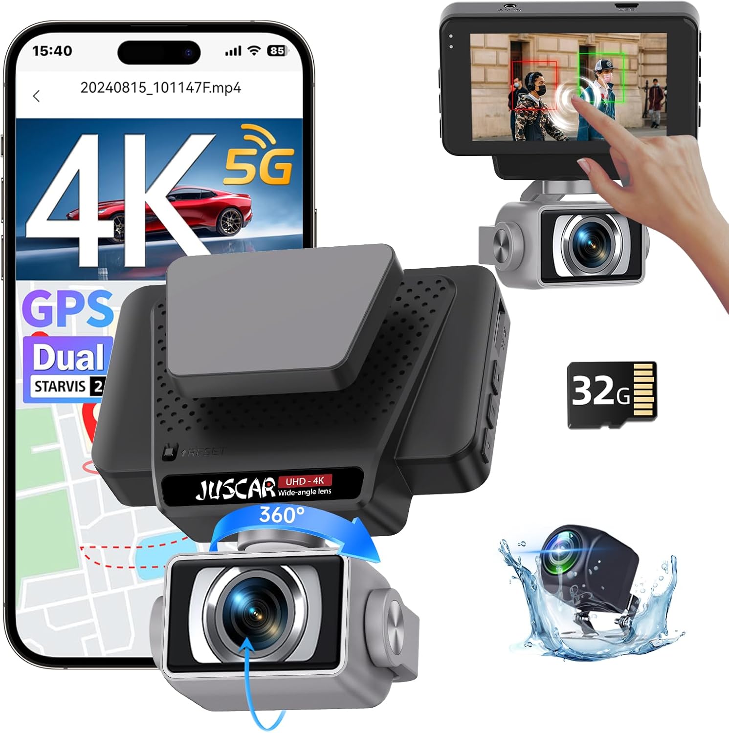 5G WiFi Dash Cam Front and Rear, UHD 4K+1080P, GPS Dashcam with ADAS, STARVISION 2 x HDR Night Vision, 360° Front with Free 32GB Card, 3″ Touch Screen, 24H Parking Mode, Support 512GB Max