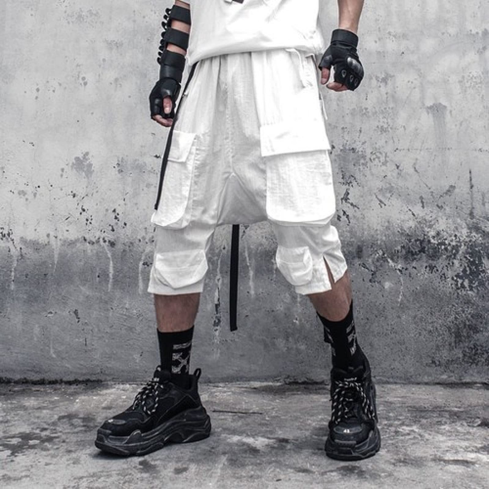 Cargo Shorts Men Black Cargo Pants Male Knee-Length Shorts Trousers  Darkwear Japanese Streetwear Hip Hop Band,White,L