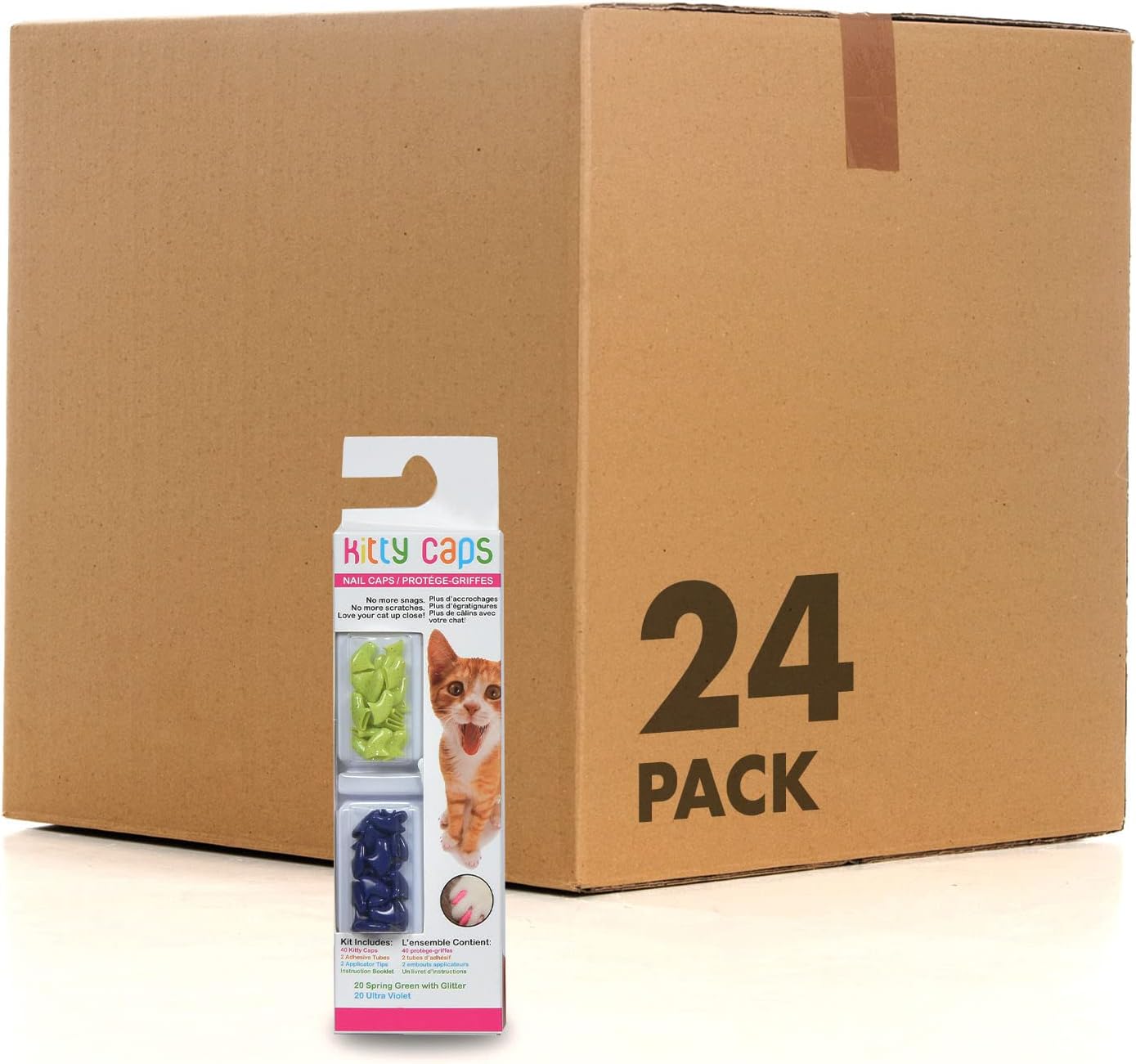 Kitty Caps Nail Caps for Cats, Spring Green with Glitter & Ultra Violet - Safe, Stylish & Humane Alternative to Declawing Stops Snags & Scratches, X-Small (Under 5 lbs), 40 Count - 24 Pack