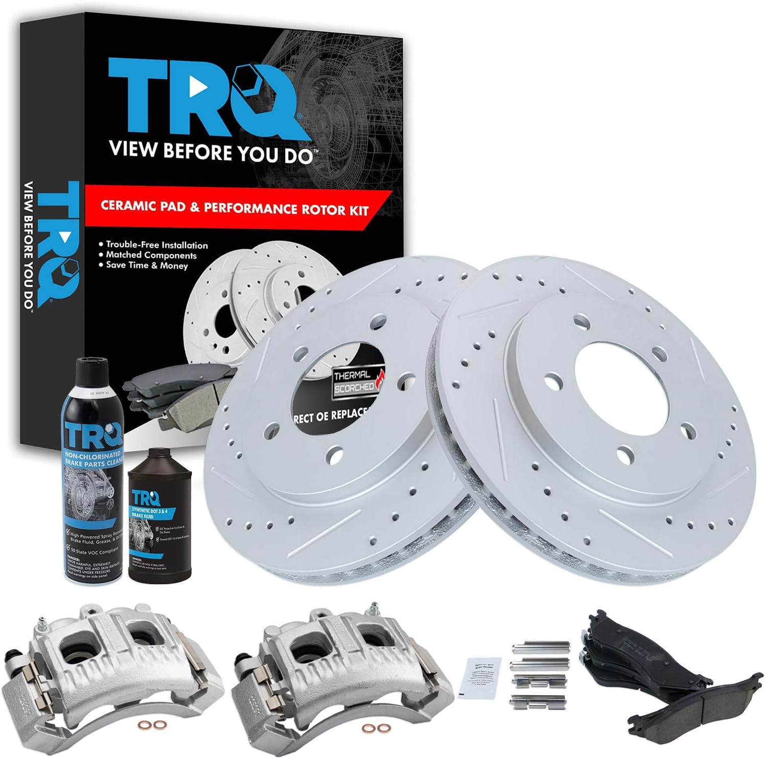 TRQ Front Performance Brake Pad & Rotor Kit Brake Caliper Brake Chemical Kit Brake Pads Brake Rotors Set Ceramic Premium G-Coated Compatible with 1997-2002 Ford Expedition 1998-2002 Lincoln Navigator