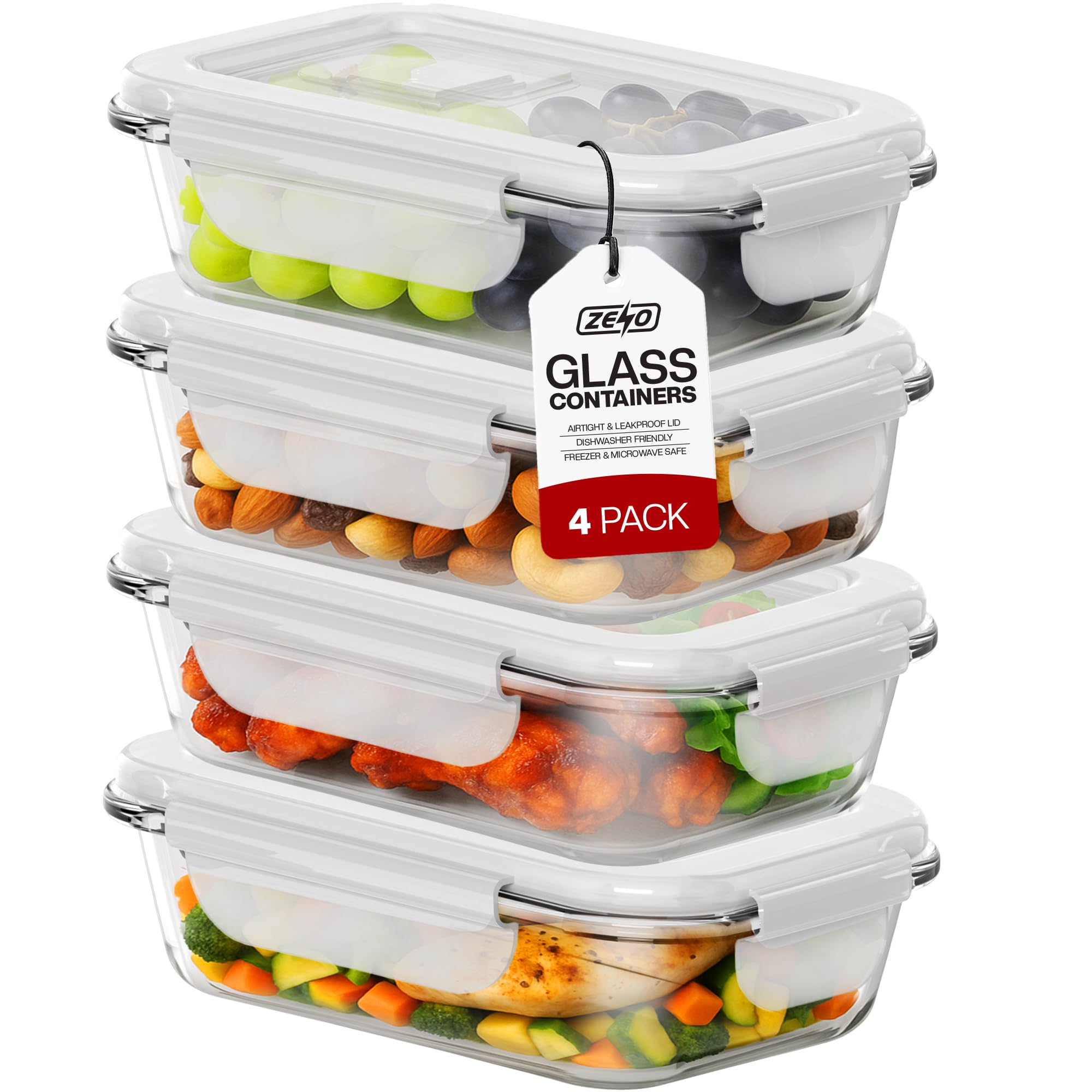 Glass Food Storage with Lids 4 Pack | 1000ml Airtight Food Containers | BPA Free Food Storage Containers with Plastic Locking Lids | Glass Meal Prep Lunch Box Takeaway Containers