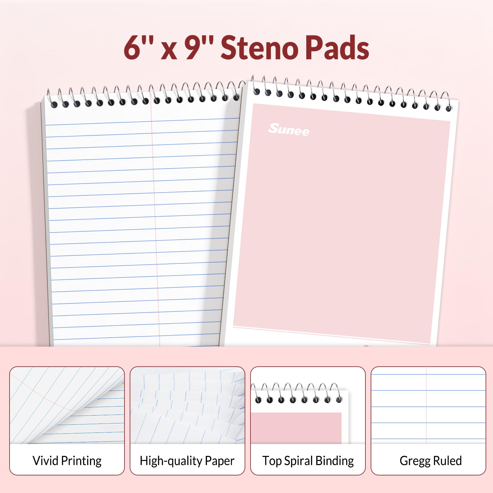SUNEE Steno Lot de 6 blocs-notes à spirale de 15,2 x 22,9 cm, règle Gregg, 80 feuilles, 6 couleurs assorties de 15,2 x 22,9 cm, papier blanc, pour l'école, l'université, le travail, le bureau