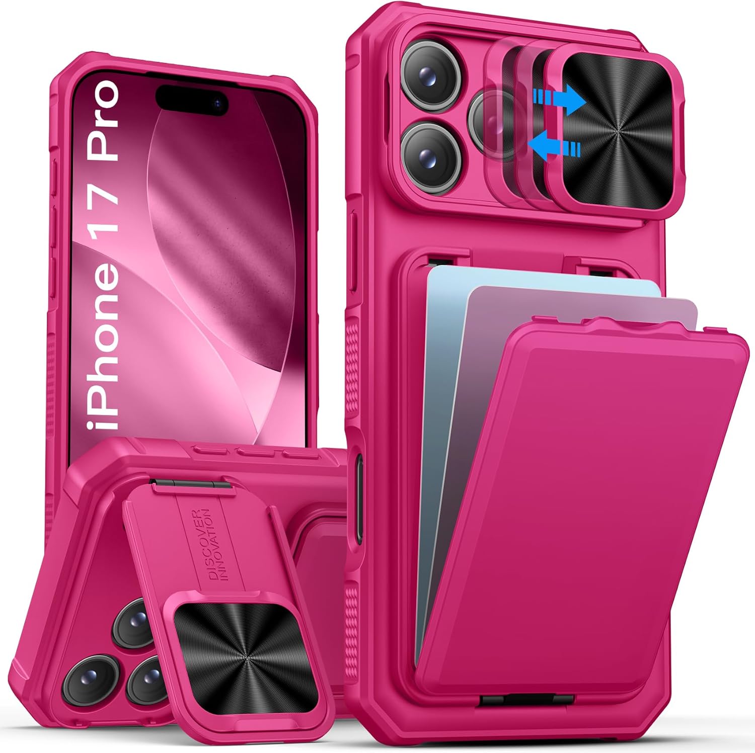 sslotscase for iphone 17 pro case wallet with card holder & camera cover stand & hidden kickstand & slide camera lens cover, heavy duty rugged protection phone case cover for iphone 17 pro 2025, pink pink iphone 17 pro