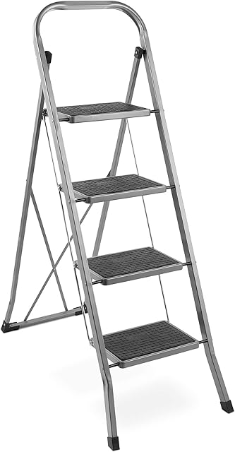 VonHaus Step Ladder 4 Step - Step Ladders for DIY and Gardening Projects - Durable Steel, Foldable Step Ladder - Easy to Store Folding Steps | 150KG Max Capacity - Folding Ladder