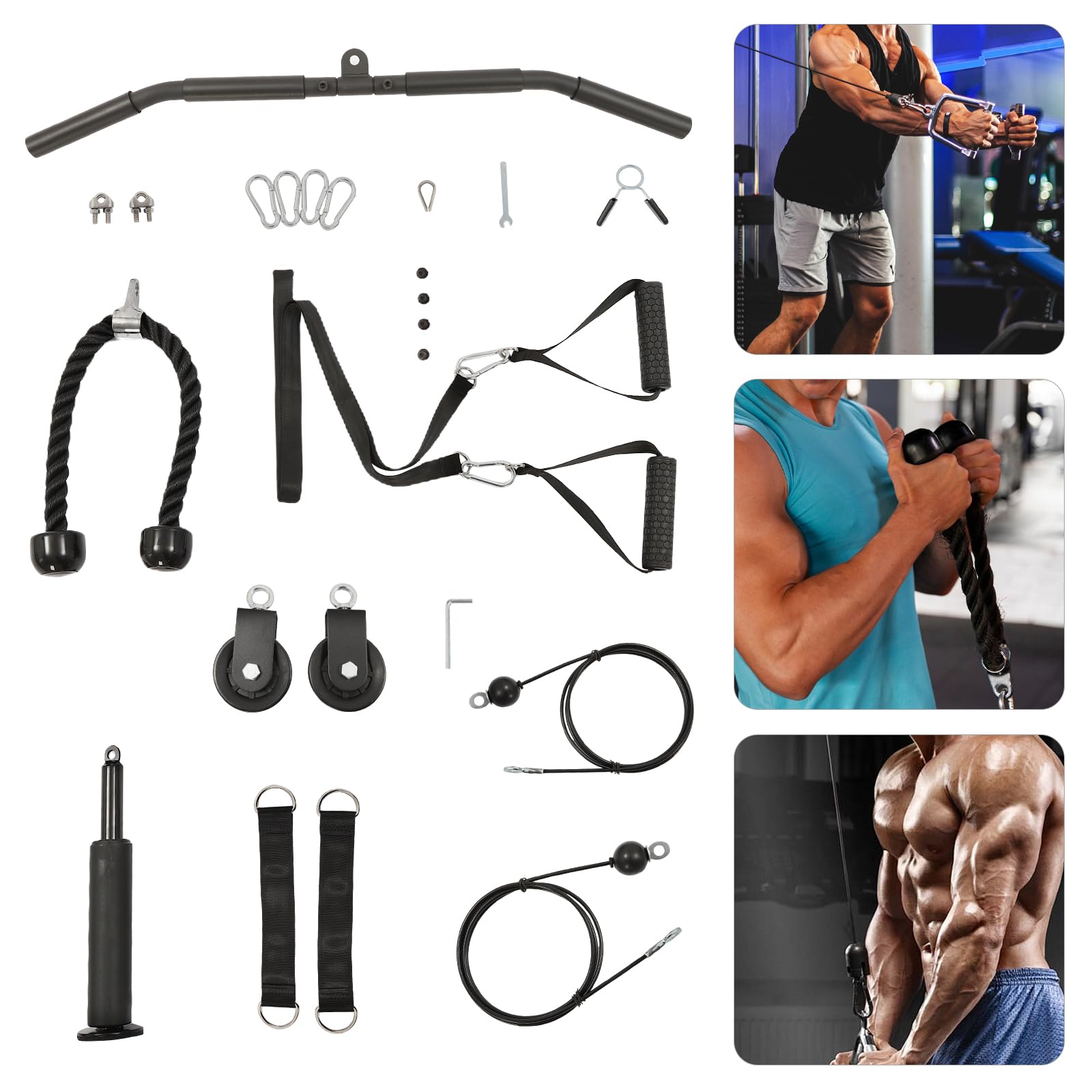 Gewicht Seilzug Fitness, Unterarm Trainingsgerät mit Silent Nylon-Rollen Einstellbare Kabellänge 250cm 100cm Zugstange Tragfähigkeit 120kg für Hause und Fitnessstudio
