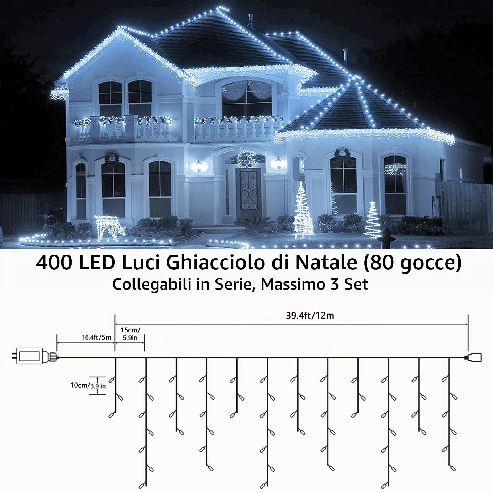 Joomer Luci Natale Esterno Cascata, 12M 400LED Luci Natalizie da Esterno con Timer Funzione, 8 Modalità LED Luci Stringa adattatore per matrimonio Tetto Casa Bar Natalizia Decorazione(Bianco Freddo)