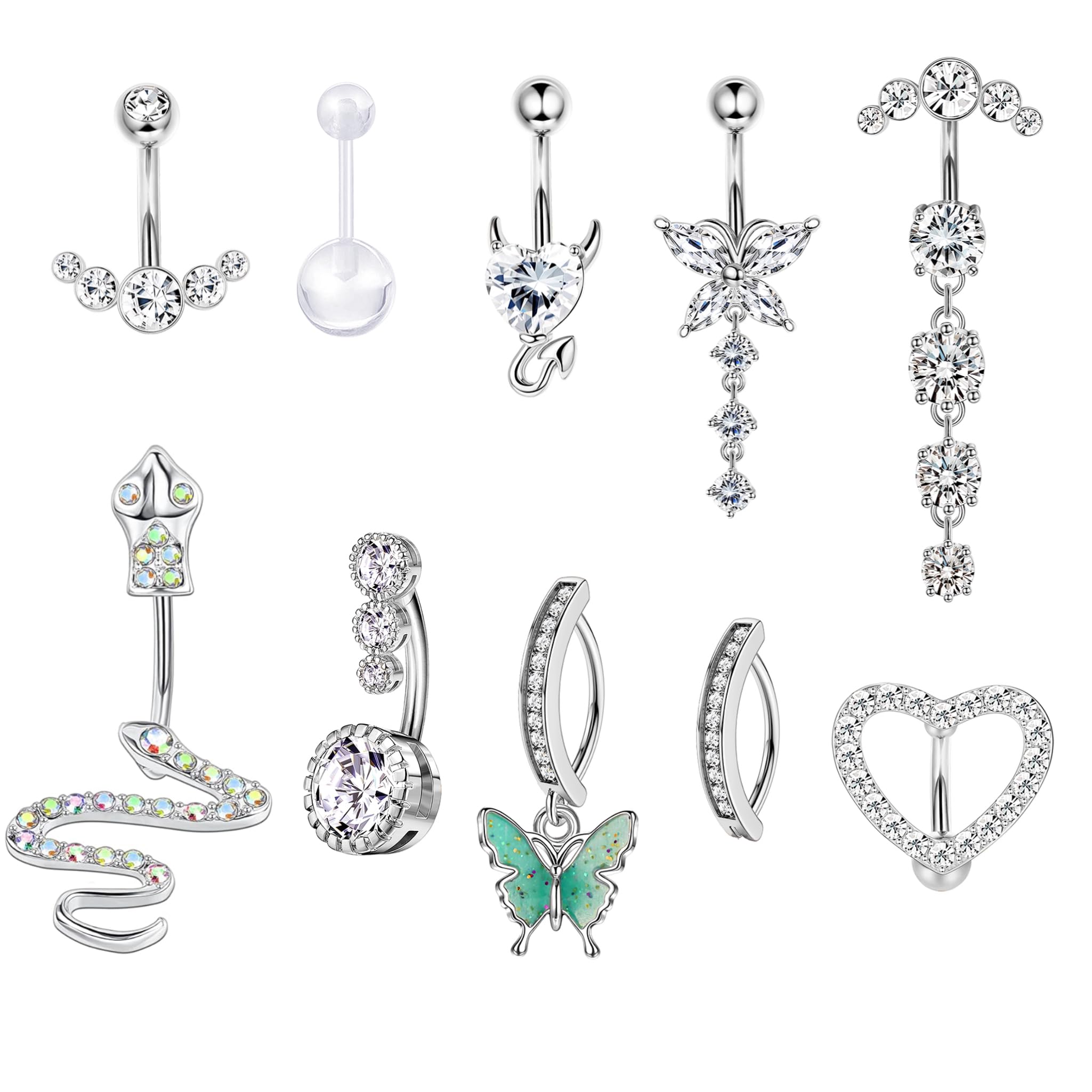CASSIECA10Pcs 14G Clicker Anillos de Ombligo Para Mujer Acero Inoxidable Piercing Ombligo Aro Plata CZ Serpiente Mal de Ojo Corazón Claro Dangly Barras de Ombligo Corporal Piercing Joyas para Mujer