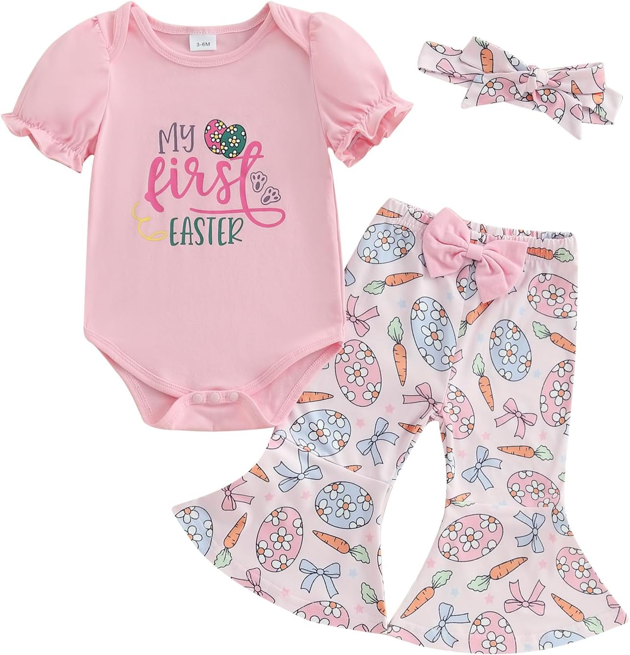Baby Girl Easter Outfits My First Easter Short Sleeve Romper Tops Egg Carrot Print Bell Bottom Pants Set