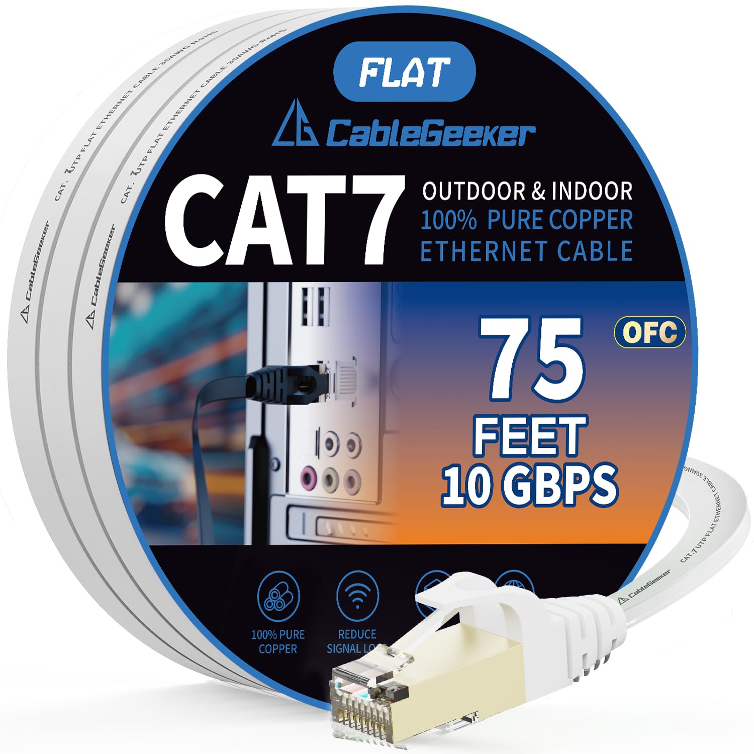 Cat 7 Ethernet Cable 75ft Shielded,Flat Ethernet Patch Cables - High Speed Internet Cable for Modem, Router, LAN, Computer - Compatible with Cat 5e,
