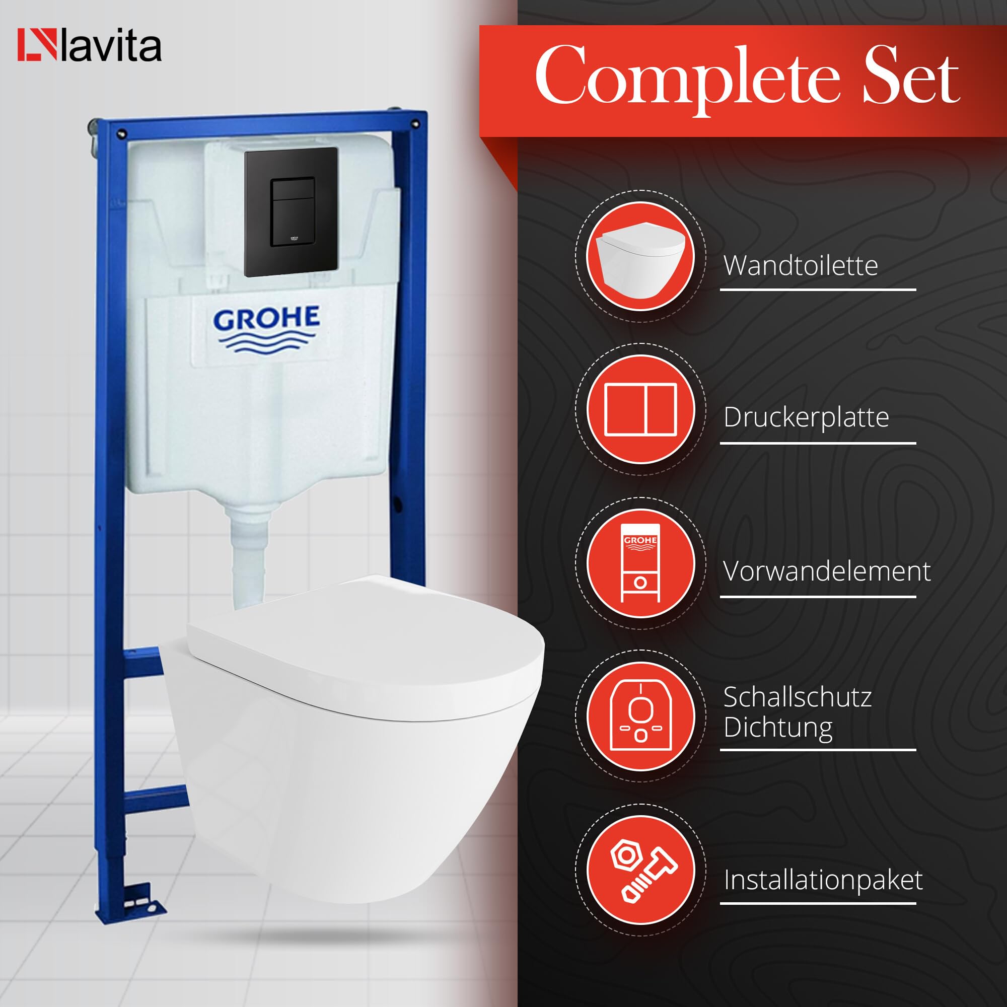 LAVITA Elemento de pared Solido + pared colgante Sogo blanco sin borde + asiento de inodoro con descenso automático, botón negro, juego completo, cisterna, inodoro completo