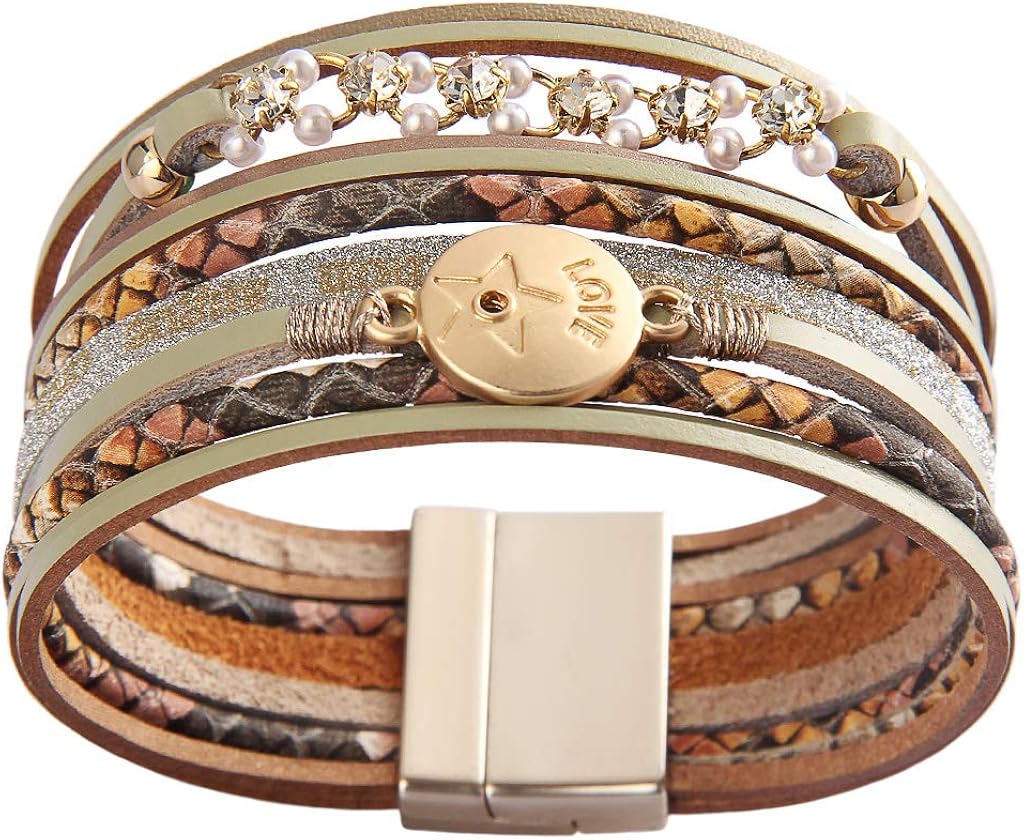 AZORA Leather Cuff Bracelet for Women Pearl Love Metal Coin Leather Band Multi Strand Boho Wrap Bracelets Jewelry Gift for Mum Daughter Girls: Clothing, Shoes & Jewelry