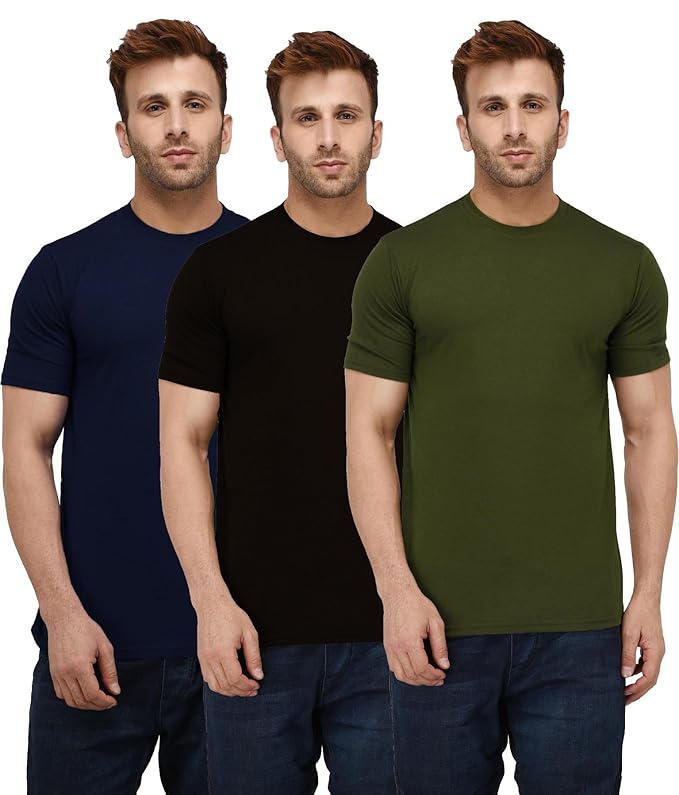 London Hills Men Round Neck Cotton Blend Multicolor Half Sleeve Solid T-Shirts (Pack of 3) at Rs. 499