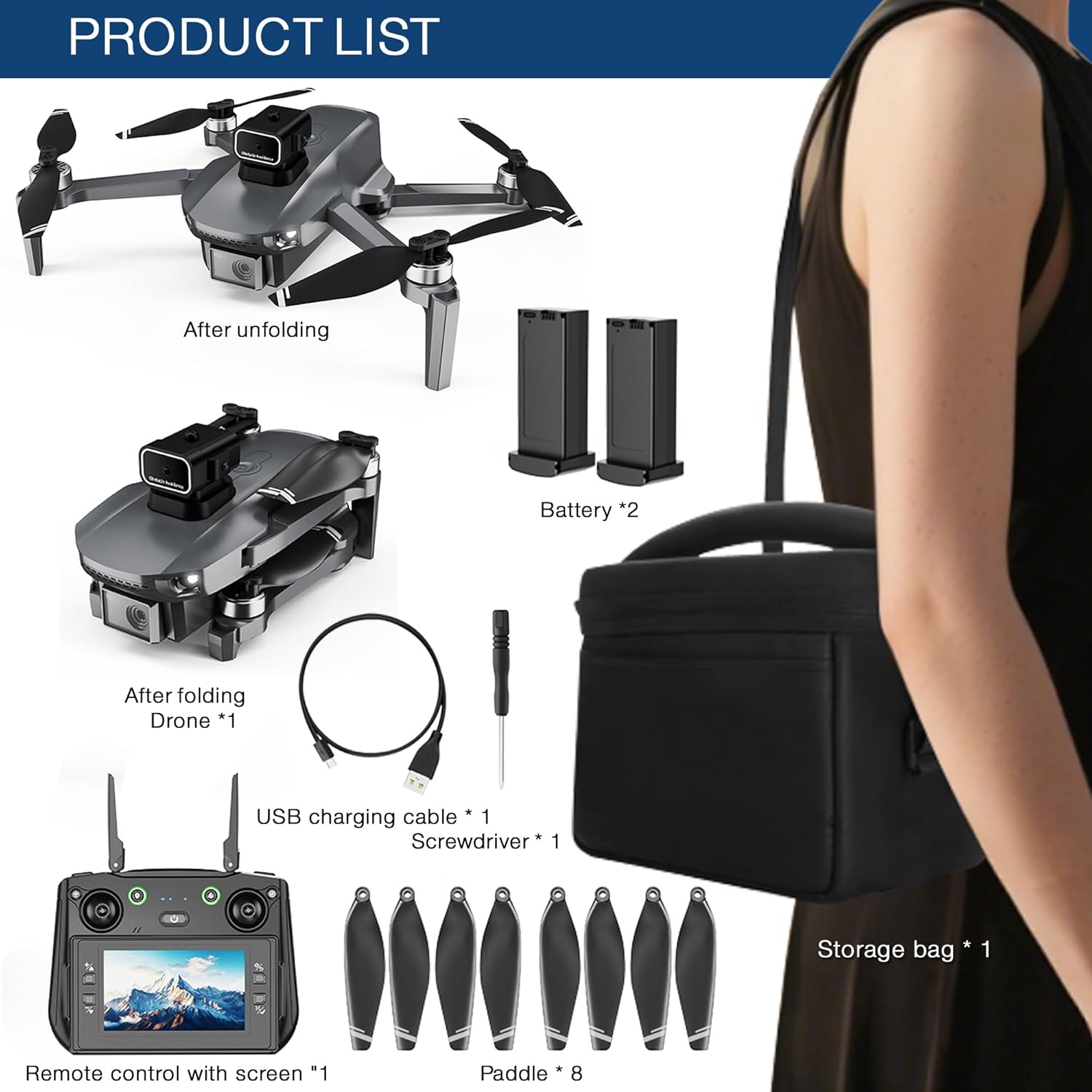 Contents of the mcokoe S186GPS drone package including drone, remote control, batteries, propellers, USB cable, screwdriver, and storage bag.