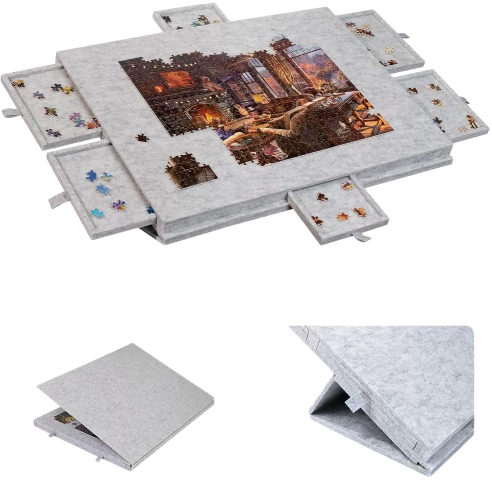 Tablero de Rompecabezas Portátil, Mesa de Rompecabezas Inclinable con Soporte Ajustable, Tablero de Rompecabezas de Fieltro Liviano con Cubierta y 6 Cajones de Clasificación (Light Grey)