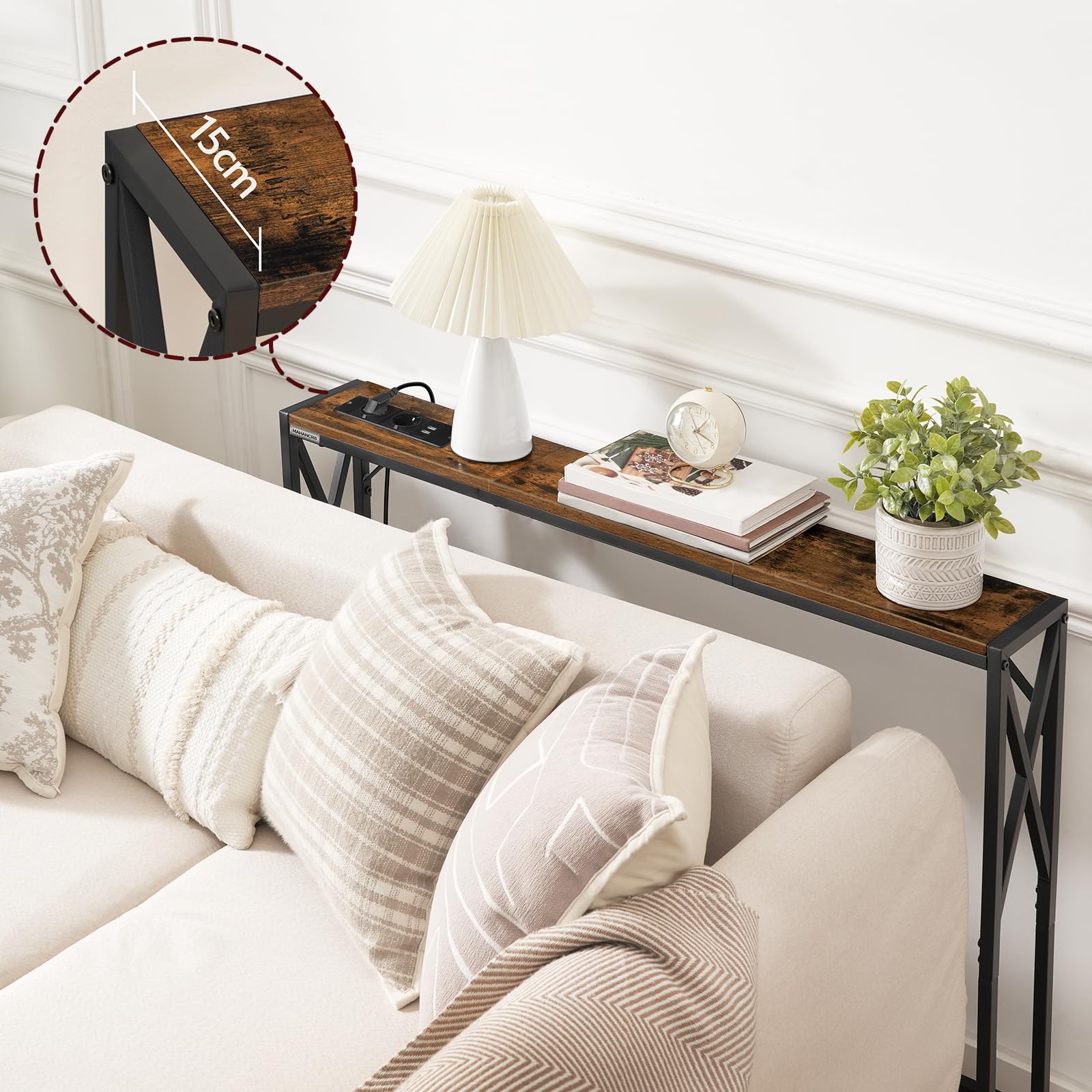 MAHANCRIS Bouts de Canapé avec Station de Charge, Lot de 2, Tables d’Entrée, Tables de Rangement pour Couloir, Bouts de Canapé de Style Vintage, pour Entrée, Hall, Marron et Noir ACTHR151UE01S2V