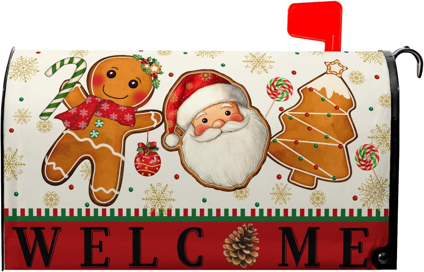 Winter Christmas Magnetic Mailbox Cover Standard Size 21"x18" Xmas Gingerbread Man Mailbox Covers Red Welcome Santa Claus Post Letter Box Wraps for Garden Outdoor Yard Decor