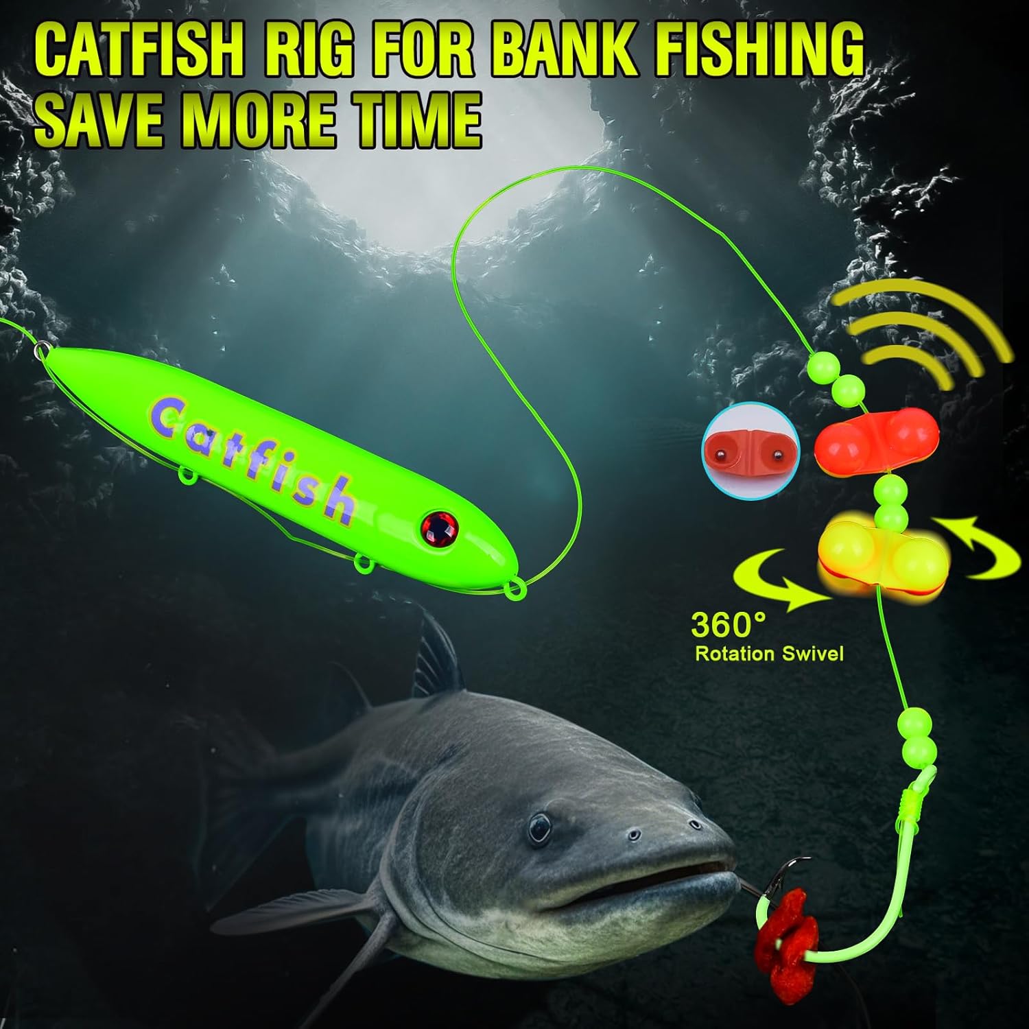 PROBEROS Catfish Fishing Rigs - Bank Fishing Set with 5pcs/Set, 6/0, 8/0, 10/0 Circle Hooks Circle Hooks, High Visibility, Ready to Use Catfish Rigs