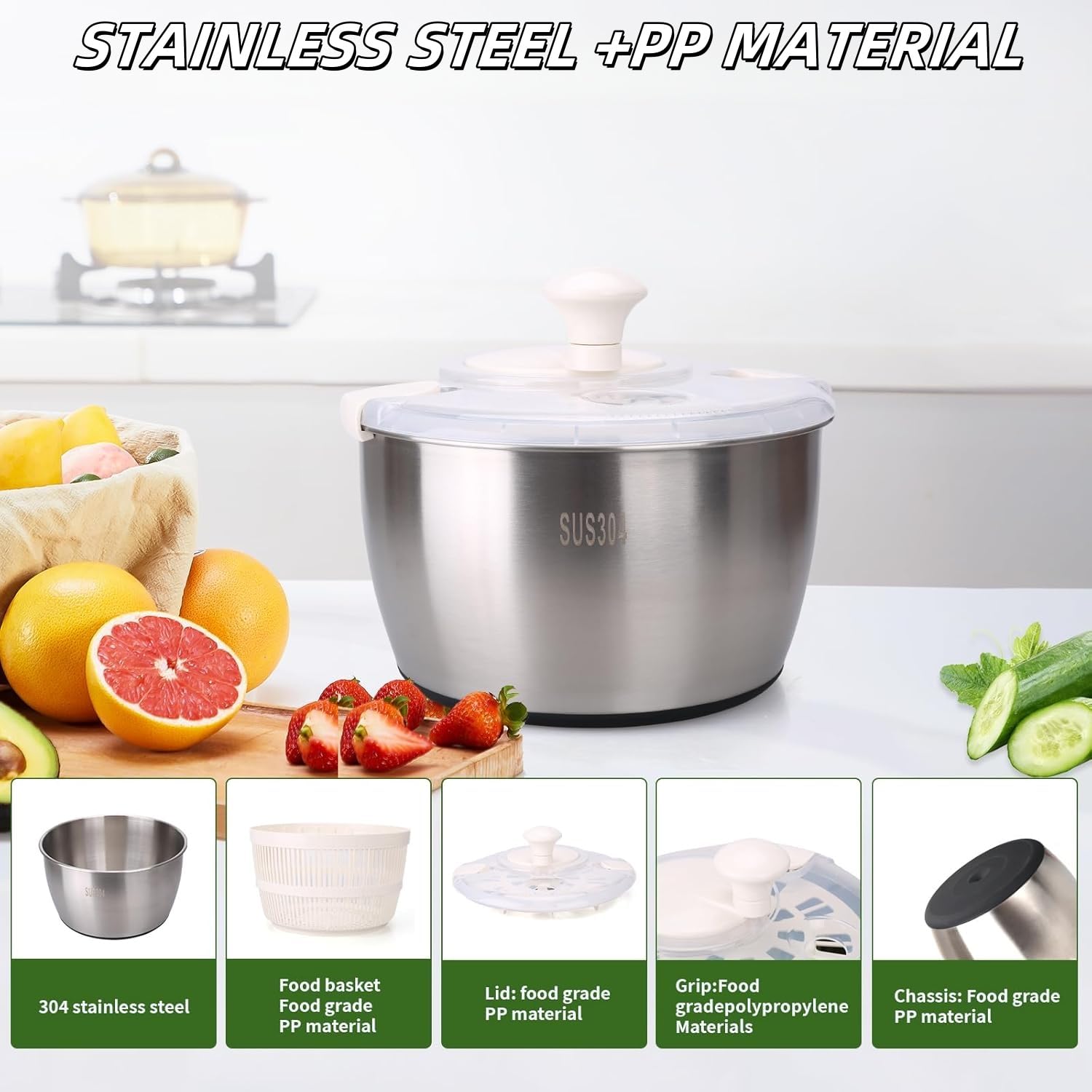 Centrifuga per insalata in acciaio inox da 5,3 qt, grande capacità, detergente per frutta e verdura, asciuga insalata con uscita rapida per centrifuga e scarico, colino multiuso