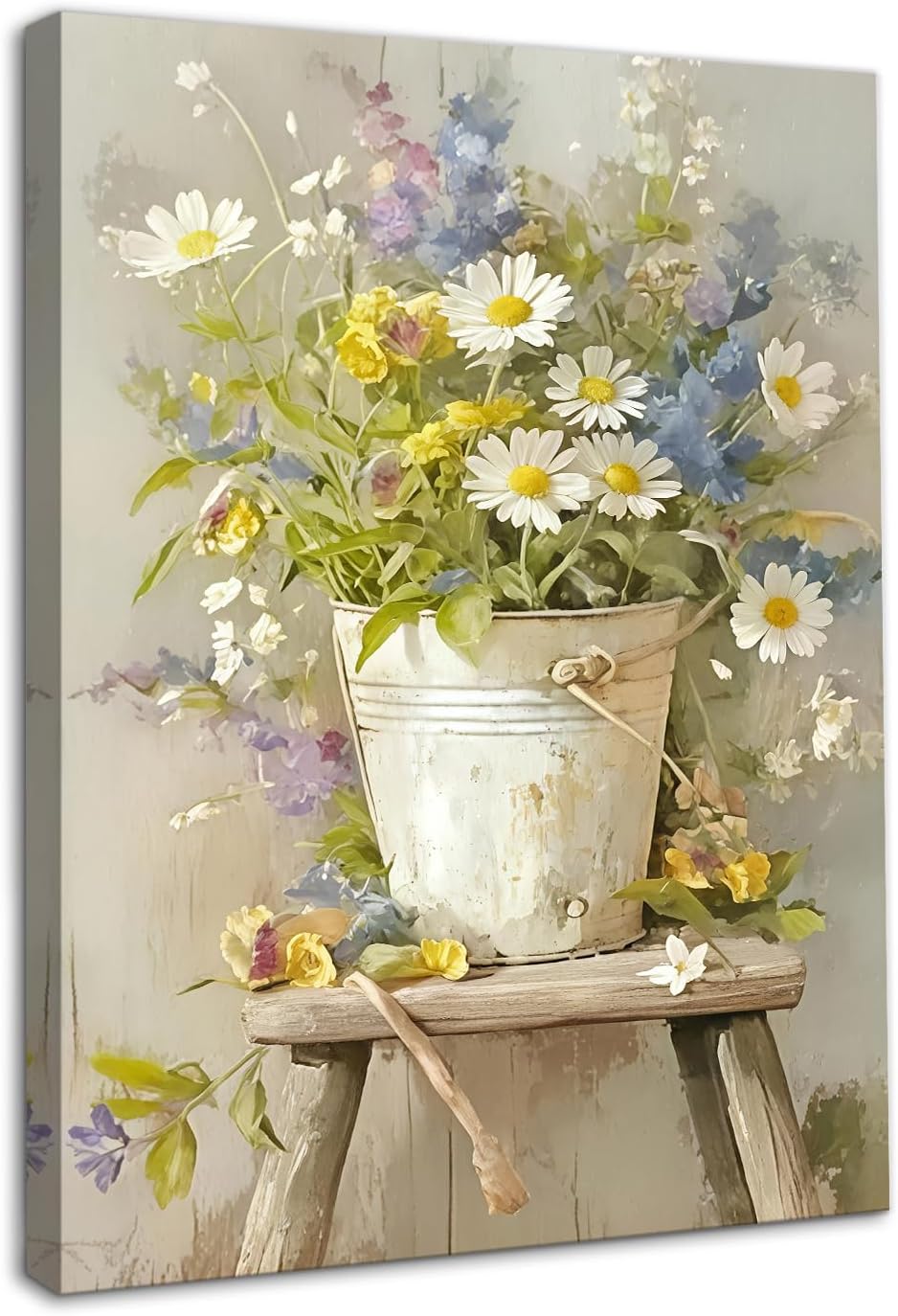 Framed Floral Bucket Wall Art,Farmhouse Style Daisy Wildflower Bouquet in Rustic Metal Pail Prints Botanical Oil Painting for Bathroom Bedroom Living Room Decor 12x16 in