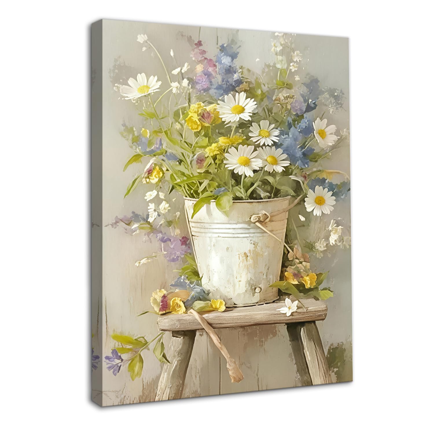 Dazzlewall Framed Floral Bucket Wall Art,Farmhouse Style Daisy Wildflower Bouquet in Rustic Metal Pail Prints Botanical Oil Painting for Bathroom Bedroom Living Room Decor 12x16 in