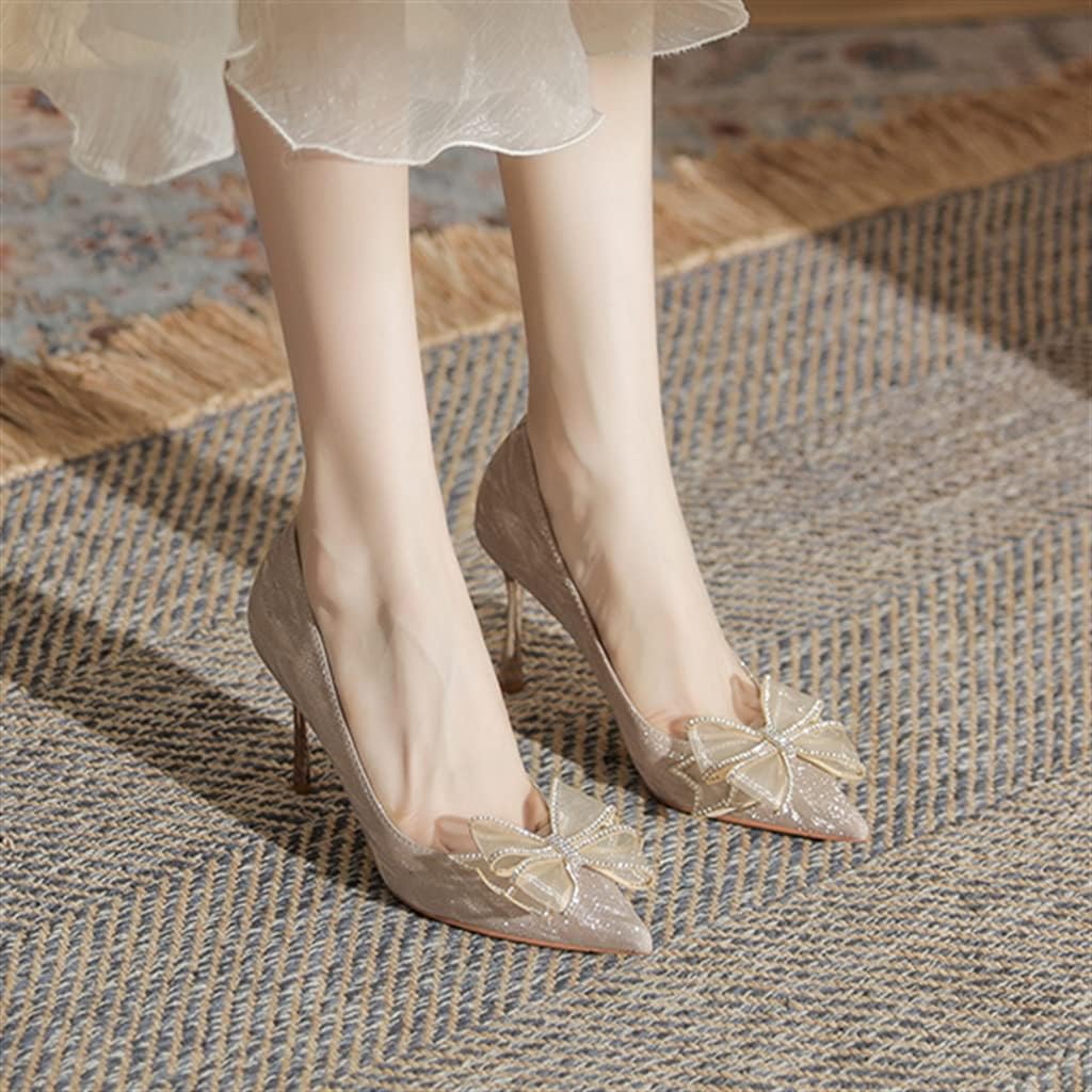 SMEJS 弓ハイヒールポインテッドシングルシューズ女性クリスタルウェディングシューズシャンパンカラースパンコール 6 センチメート