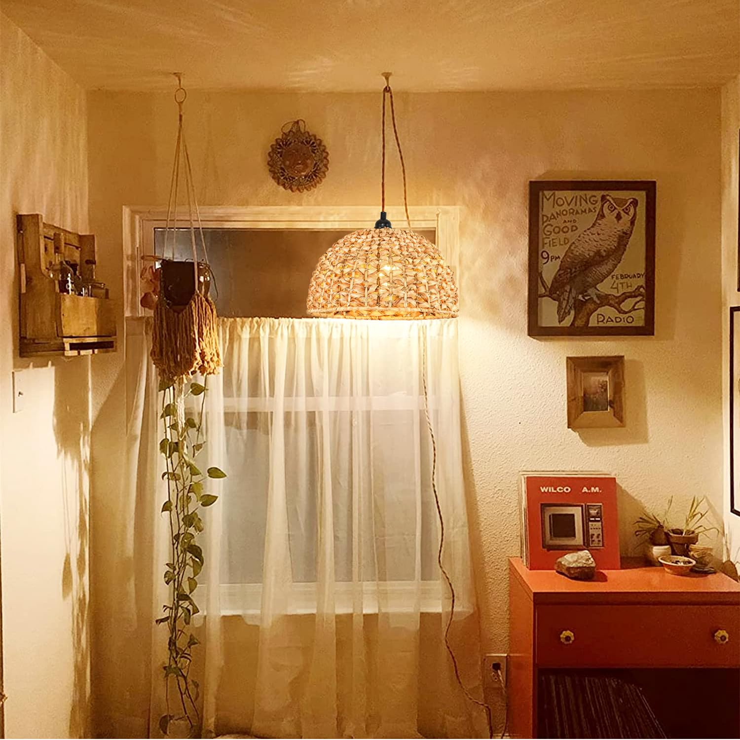 QIYIZM Plug in Pendant Light Hanging Lights with Plug in Cord Rattan Hanging Lamp Dimmable,Boho Woven Wicker Bamboo Lamp Shade,Hemp Rope Plug in Ceiling Light Fixture for Living Room Bedroom Kitchen