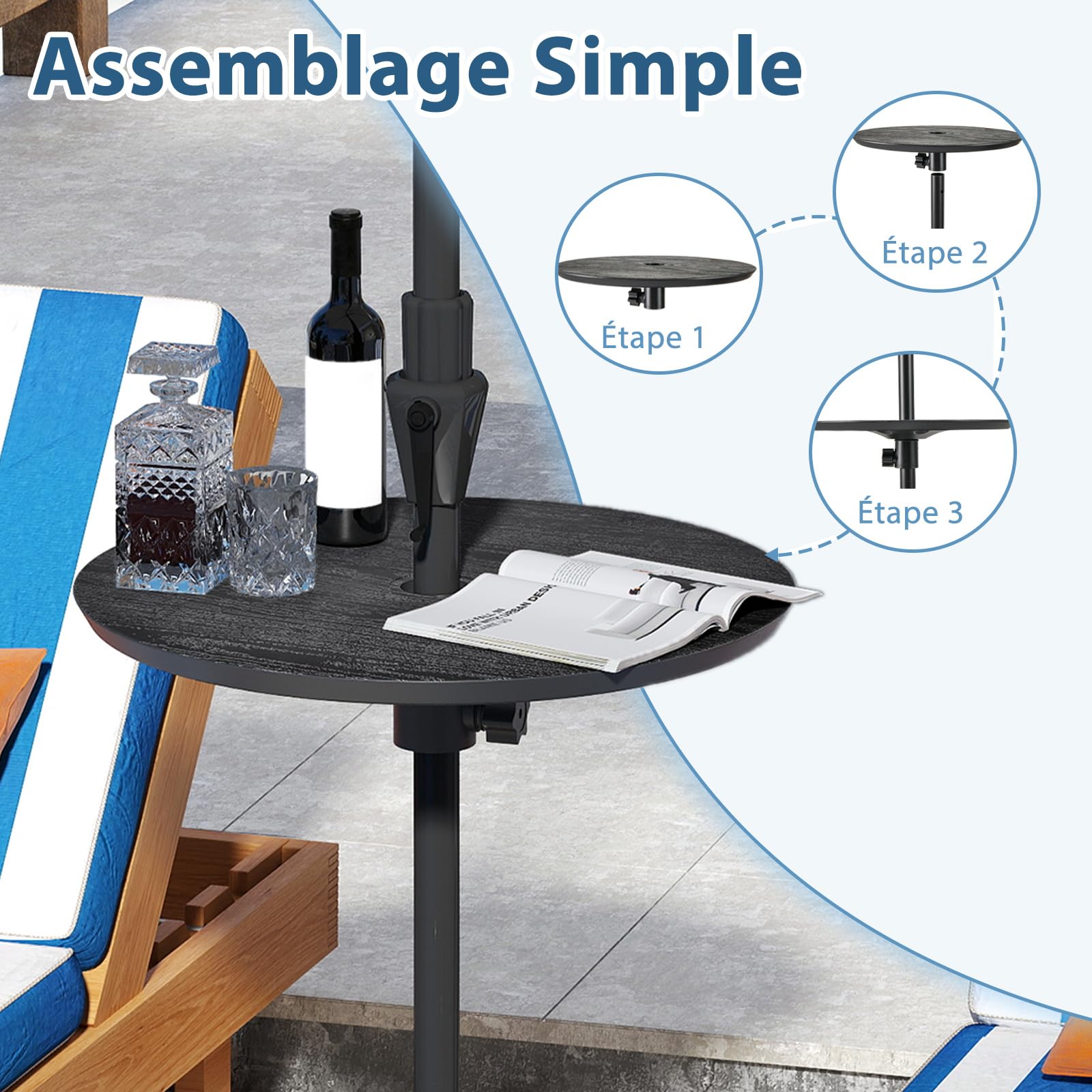 COSTWAY Table de Parasol de Jardin Ø50 cm, Trou pour Parasol de 38/48 mm, Plateau Rond en HDPE, Hauteur Réglable, Imitation Grain de Bois, Montage Facile, pour Piscine Jardin Plage (Noir)
